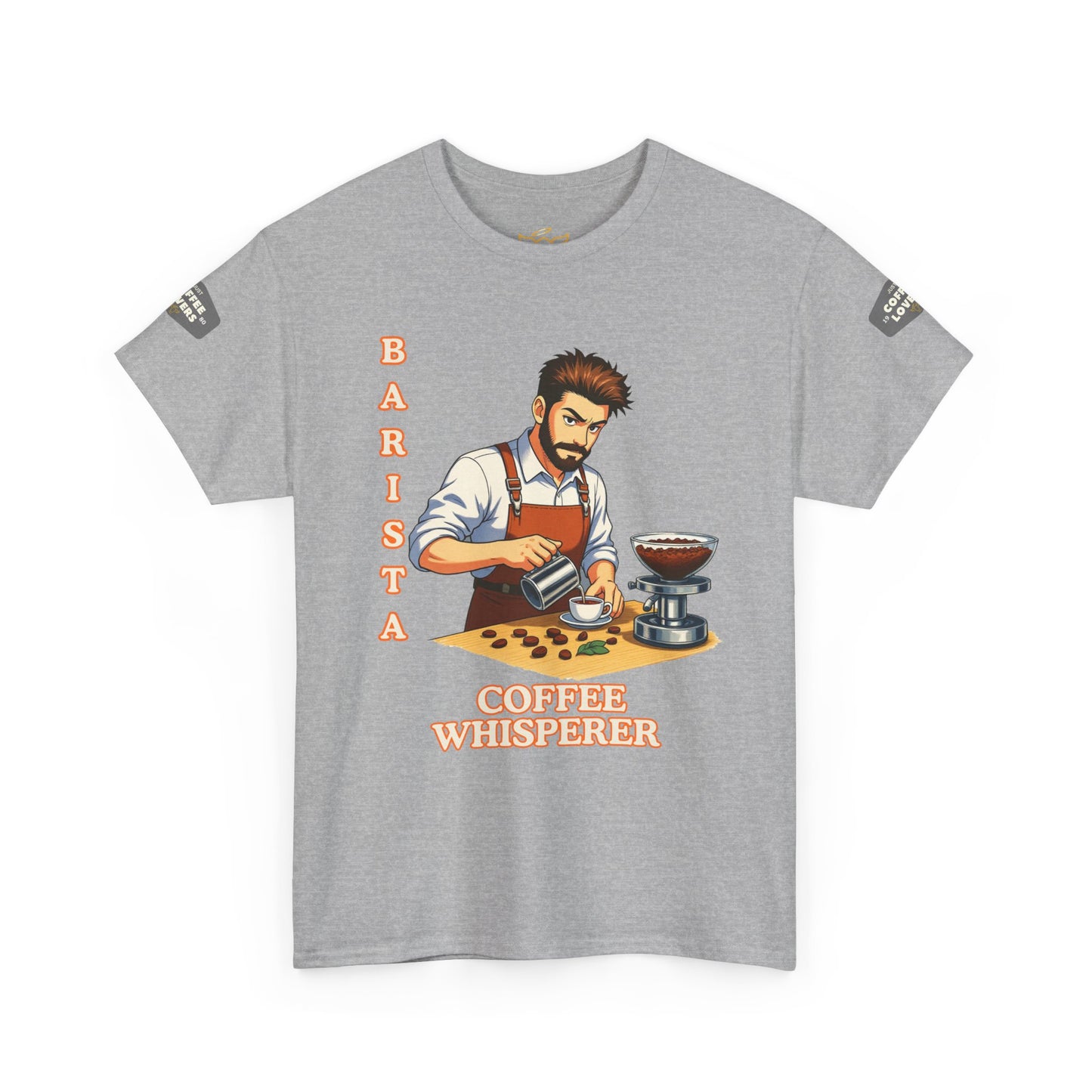 Coffee Lovers Cotton Tee for Male Barista,  Gray t-shirt with a graphic of a barista and text 'Barista Coffee Whisperer' on a white background
