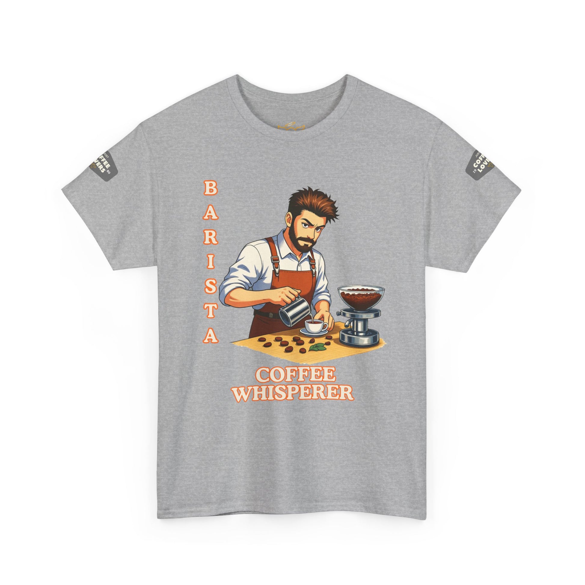 Coffee Lovers Cotton Tee for Male Barista,  Gray t-shirt with a graphic of a barista and text 'Barista Coffee Whisperer' on a white background