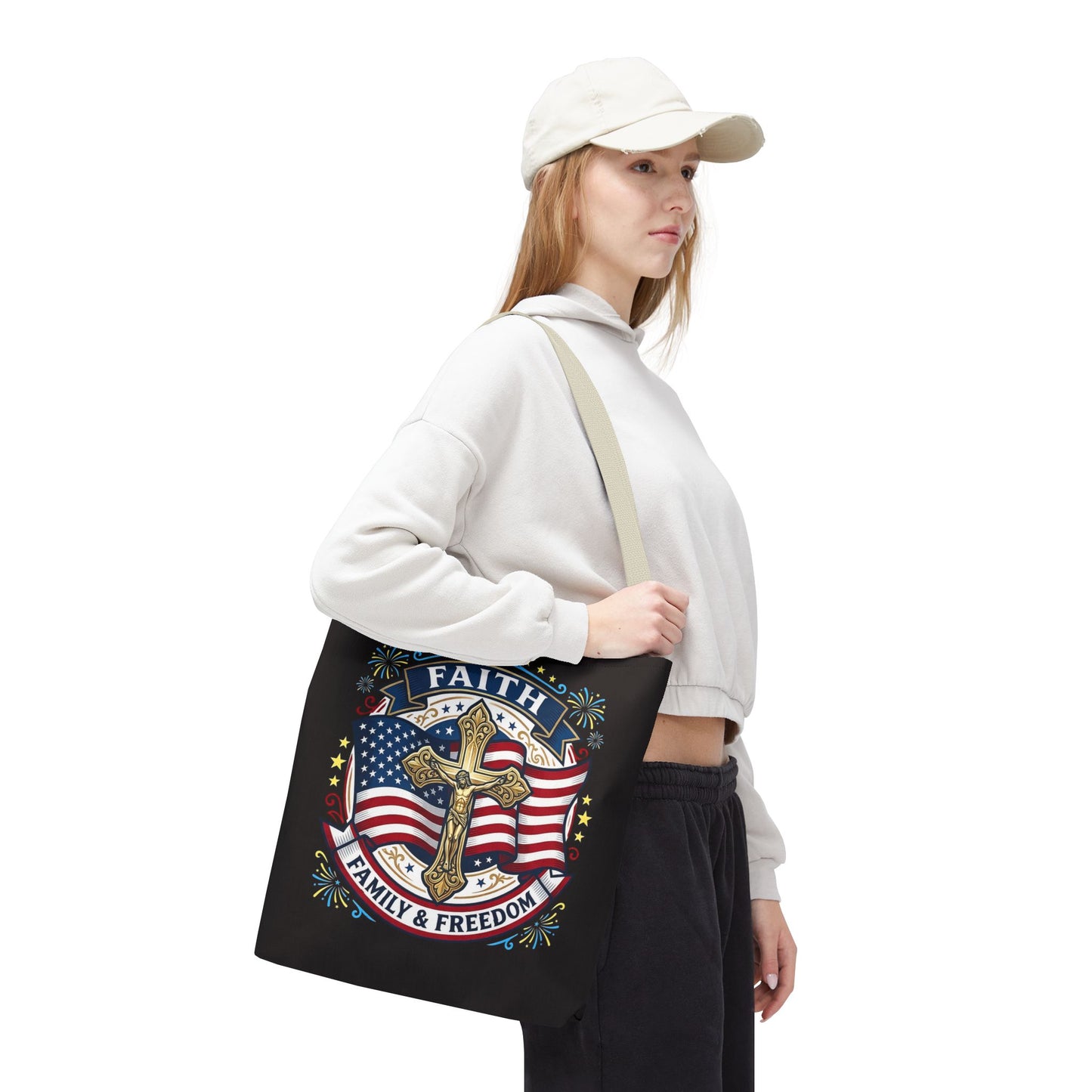 Faith, Family & Freedom Cross Bag — Patriotic American Flag Canvas Tote (USA 250th)