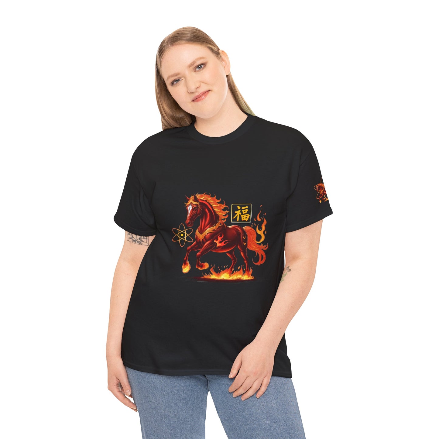 Lunar New Year Fiery Horse Novelty T-Shirt, Person wearing a black t-shirt with a fiery horse design on a white background