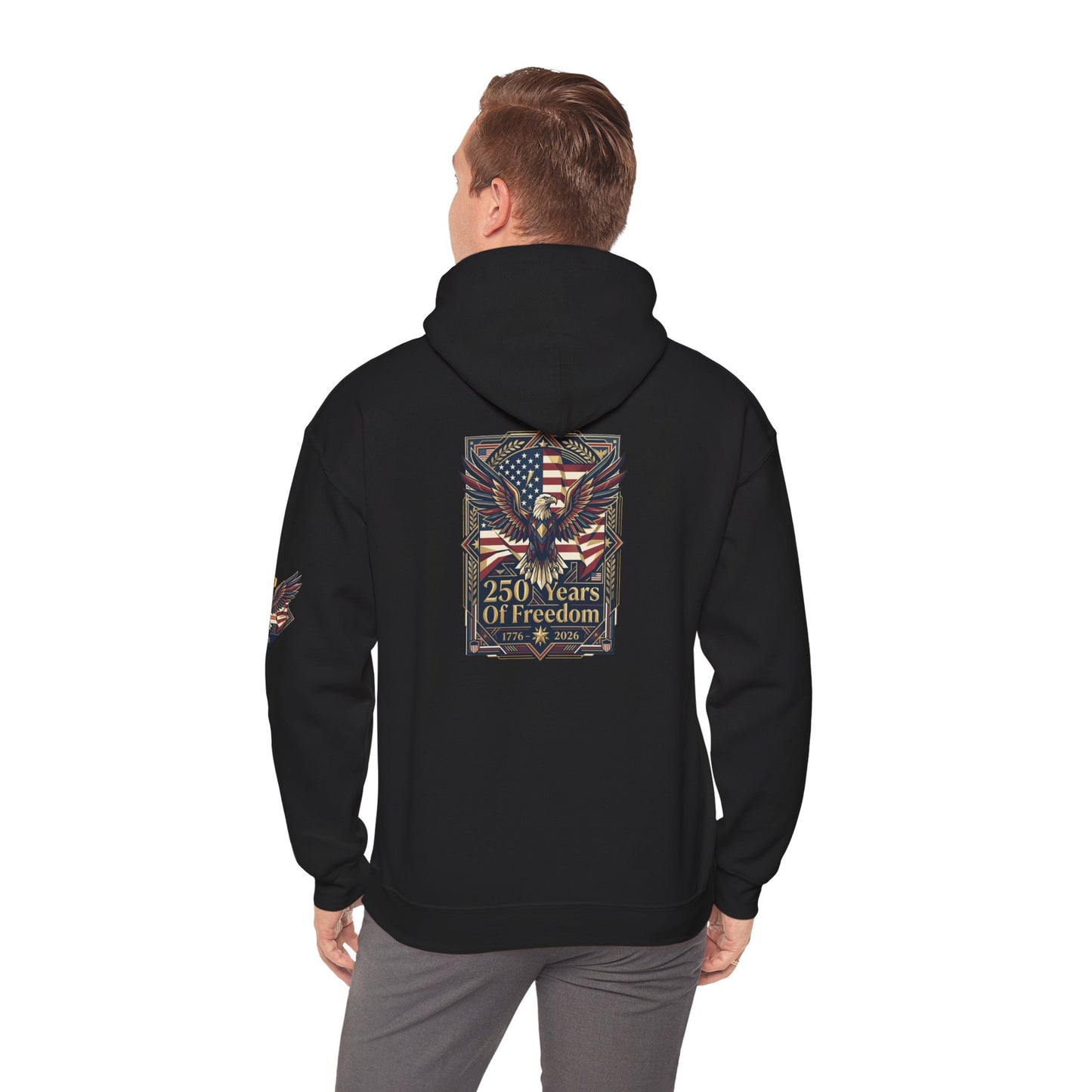 America 250 Years of Freedom Hoodie — USA 250th ANNIVERSARY Patriotic Hoodie, Person wearing a black hoodie with a design on the back featuring an eagle and text, on a white background.