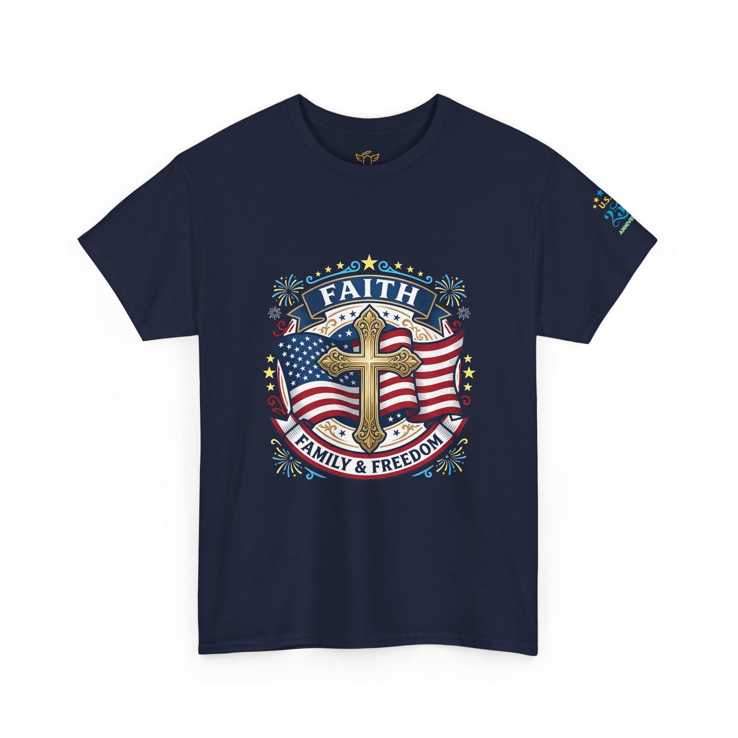 Faith, Family & Freedom T-Shirt — American Flag Cross Patriotic Tee (USA 250th)
