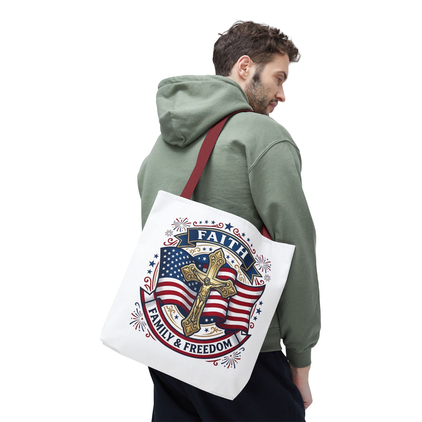Faith, Family & Freedom Tote Bag — Patriotic Cross American Flag Tote (USA 250th)