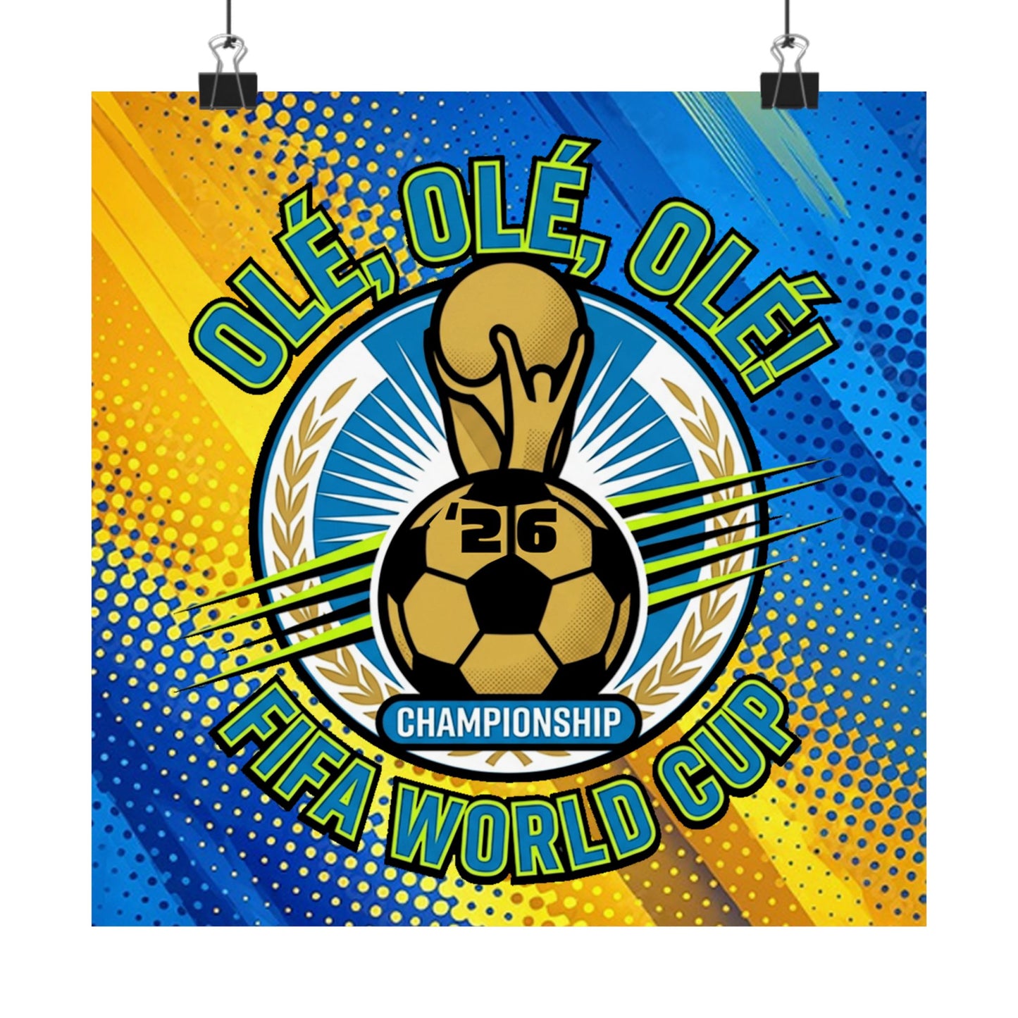 FIFA World Cup Soccer Poster — "Olé, Olé, Olé" Matte Vertical Print, FIFA World Cup championship poster with soccer ball and text on a blue and yellow gradient background