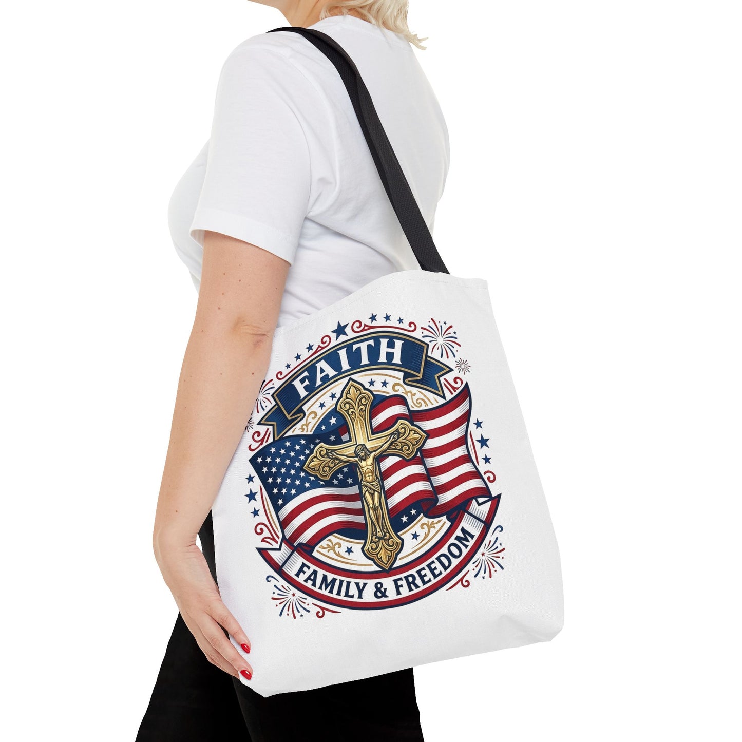 Faith, Family & Freedom Tote Bag — Patriotic Cross American Flag Tote (USA 250th)