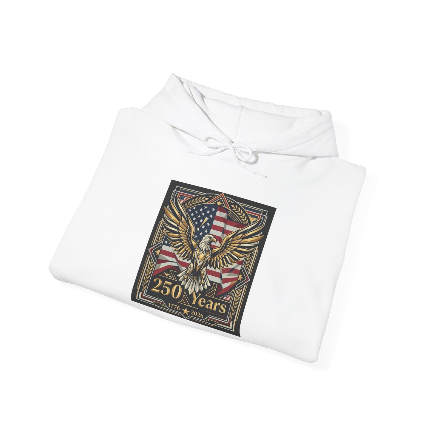 America 250 Years of Freedom Hoodie , White hoodie with a graphic design of an eagle and American flag on a white background
