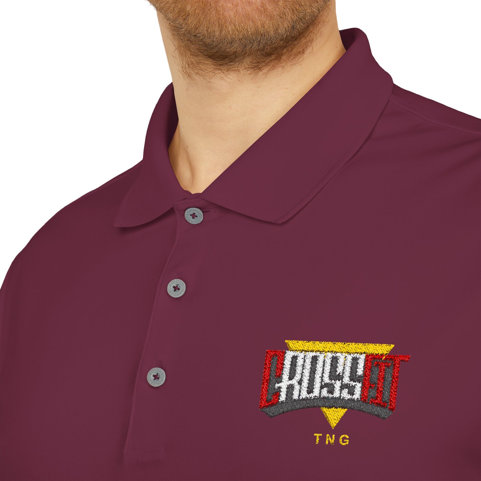 Adidas Sports Polo Shirt for CrossFit Enthusiasts, Maroon polo shirt with embroidered logo on a white background