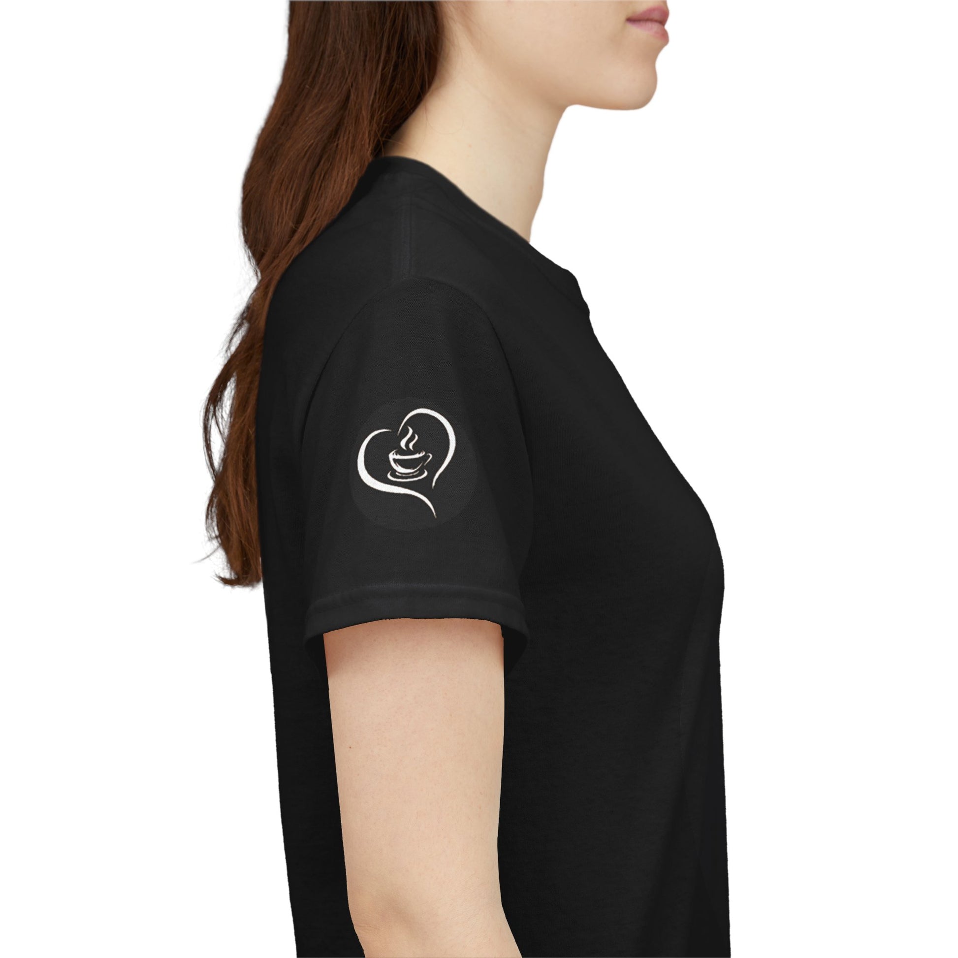 Coffee Lovers Ladies Tee - COFFEE and FRIENDS the Perfect Blend, Person wearing a black t-shirt with a white logo on the sleeve against a white background