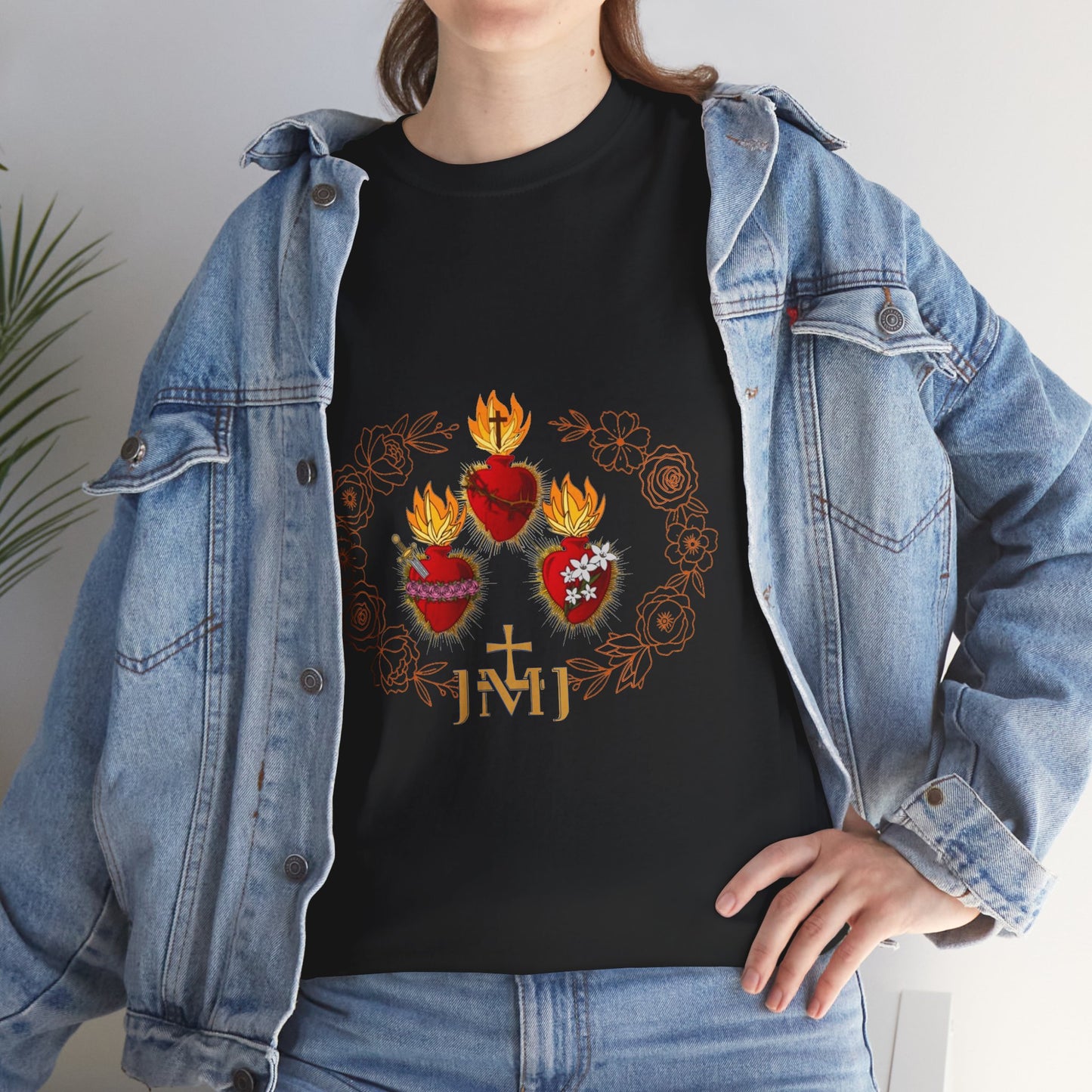 Sacred Hearts Tee — Three Flaming Hearts with JMJ Cross (CT)