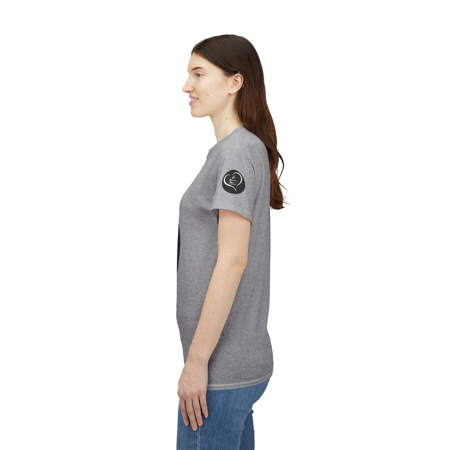 Coffee Lovers Ladies Tee - COFFEE and FRIENDS the Perfect Blend, Woman wearing a gray t-shirt with a logo on the sleeve against a white background
