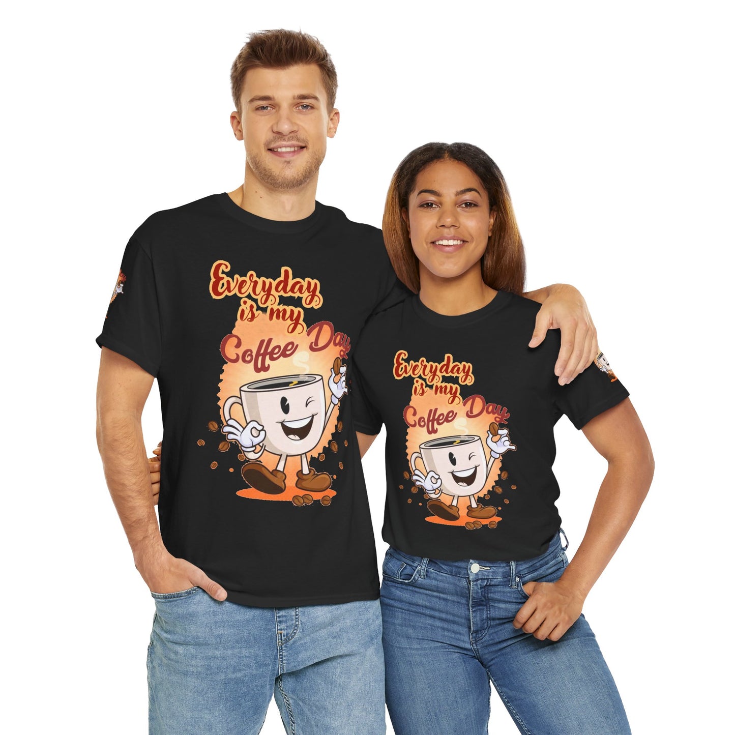 Two people wearing black t-shirts with a coffee-themed design on a white background