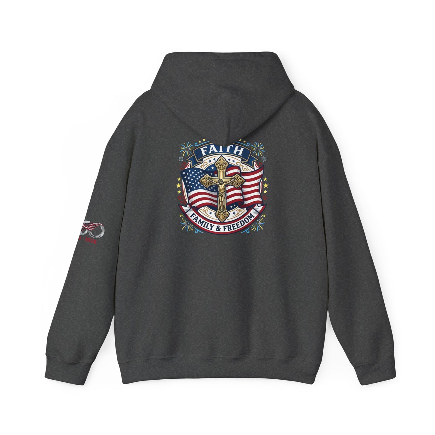 Catholic Faith, Family & Freedom Hoodie — American Flag Cross Patriotic Pullover (USA 250th)