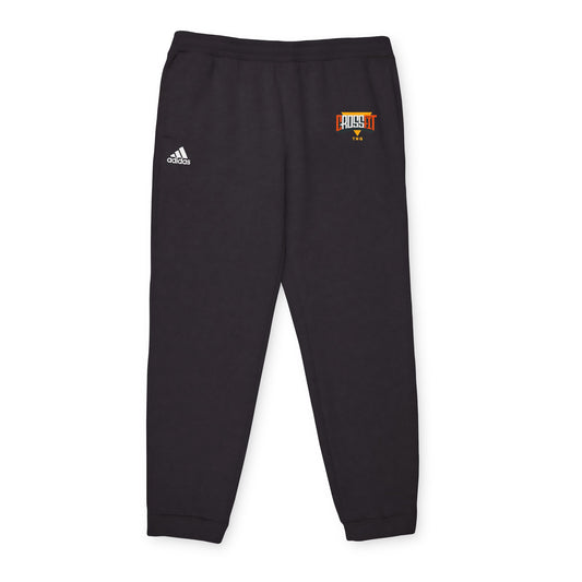 Adidas Sports Fleece Joggers for CrossFit Enthusiasts, Black Adidas sweatpants with a logo on a white background