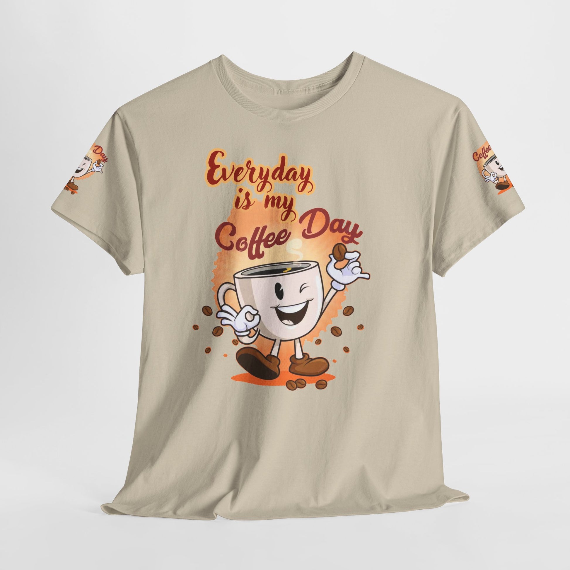 Coffee Lovers Cotton Tee - Every Day is My Coffee day, Beige t-shirt with a cartoon coffee cup and text 'Everyday is my Coffee Day' on a white background