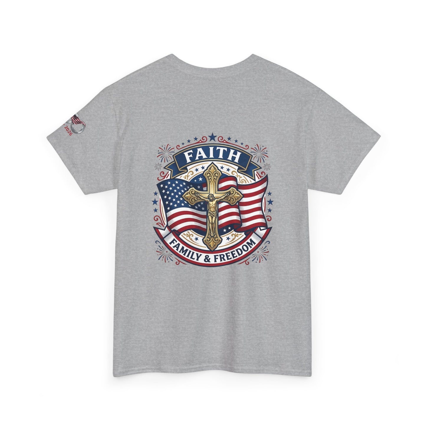 Catholic Faith, Family & Freedom T‑Shirt — Patriotic Cross American Flag Tee (USA 250th)
