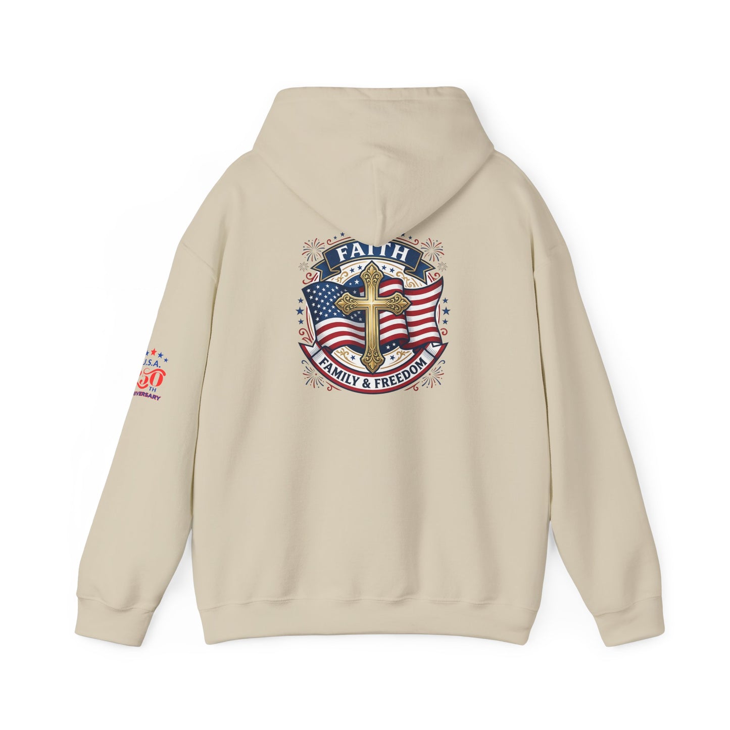 Faith, Family & Freedom Hoodie — Patriotic Cross American Flag Sweatshirt (USA 250th)