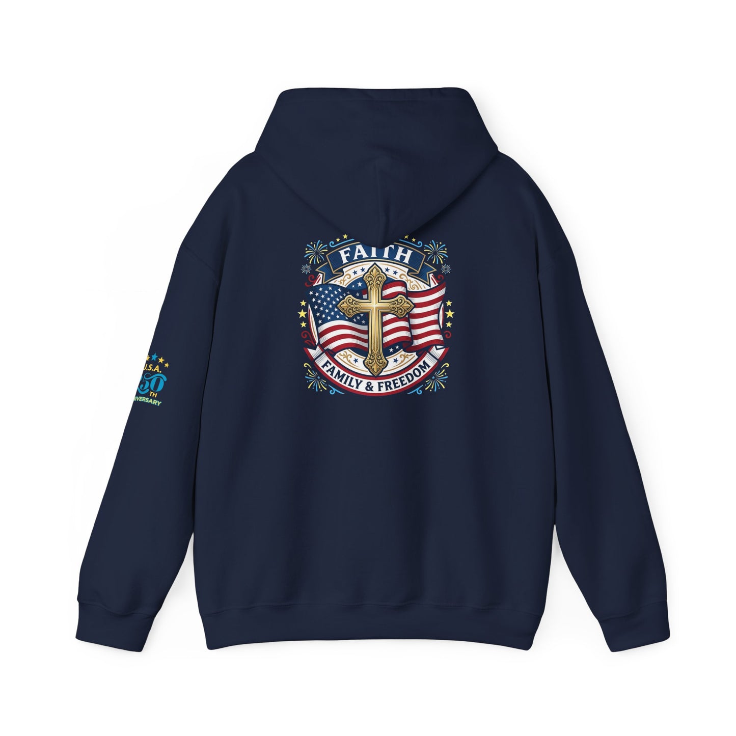 Faith, Family & Freedom Hoodie — Patriotic Cross American Flag Sweatshirt (USA 250th)