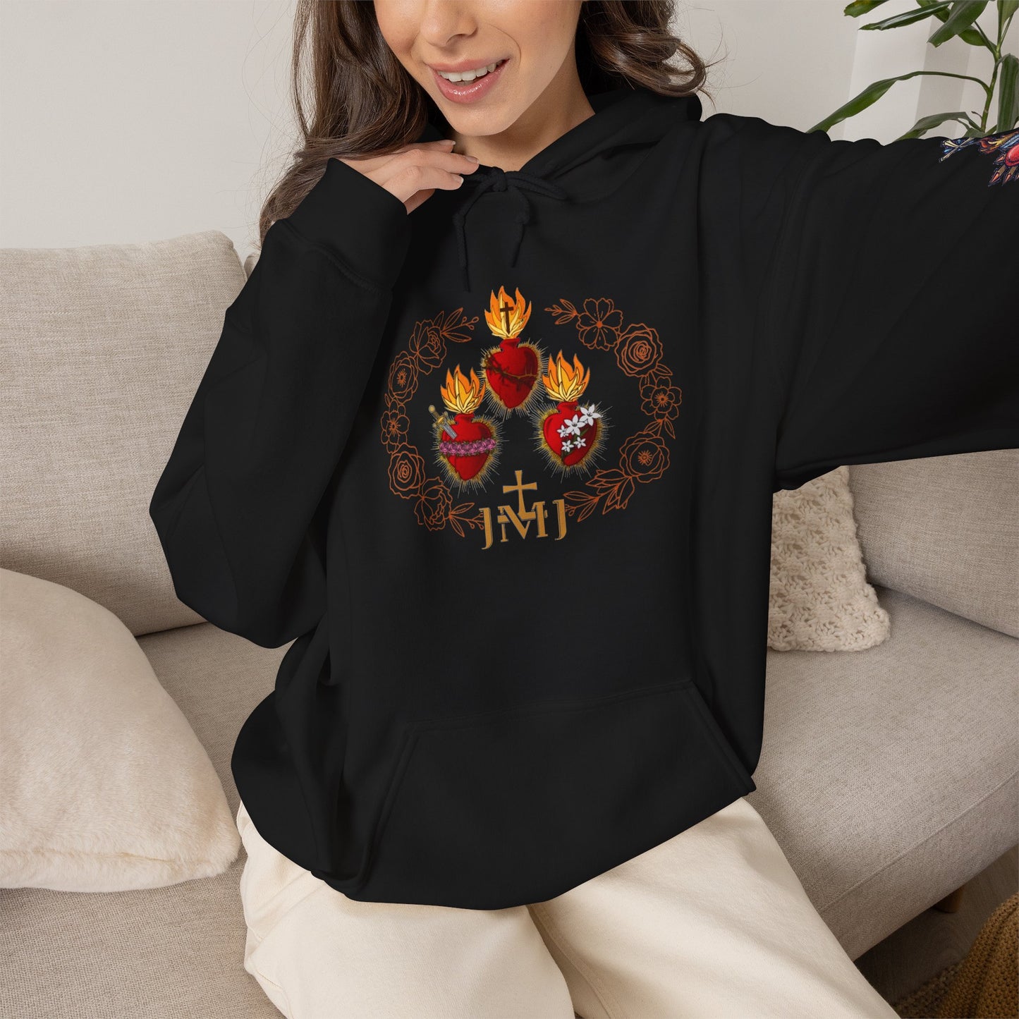 Sacred Hearts Hoodie — Three Flaming Hearts J.M.J. Devotional Sweatshirt (CT)