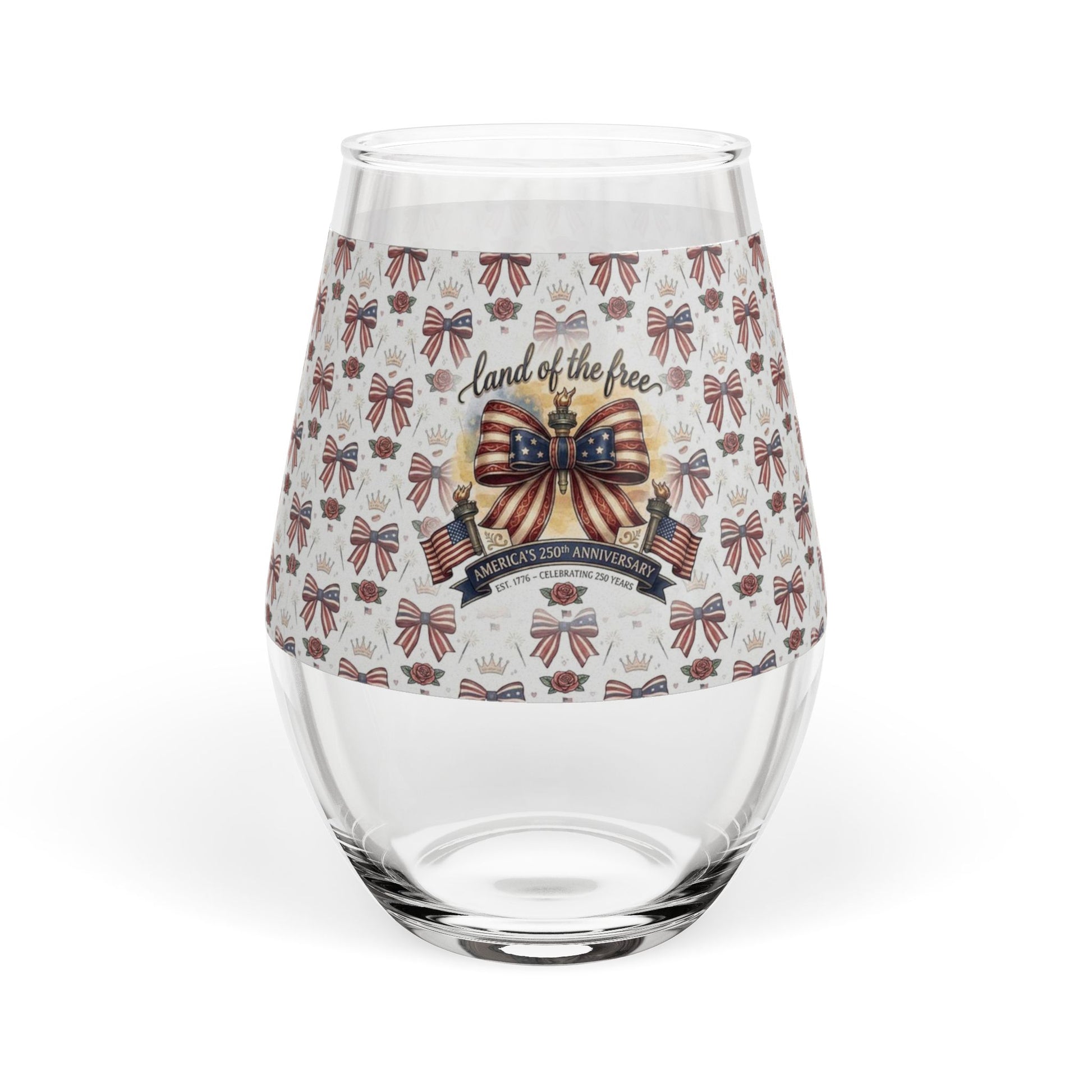 Patriotic Ribbon "Land of the Free" Stemless Wine Glass – USA 250th ANNIVERSARY  Stemless Wine Glass 11.75oz - Trending Novelties & Gifts