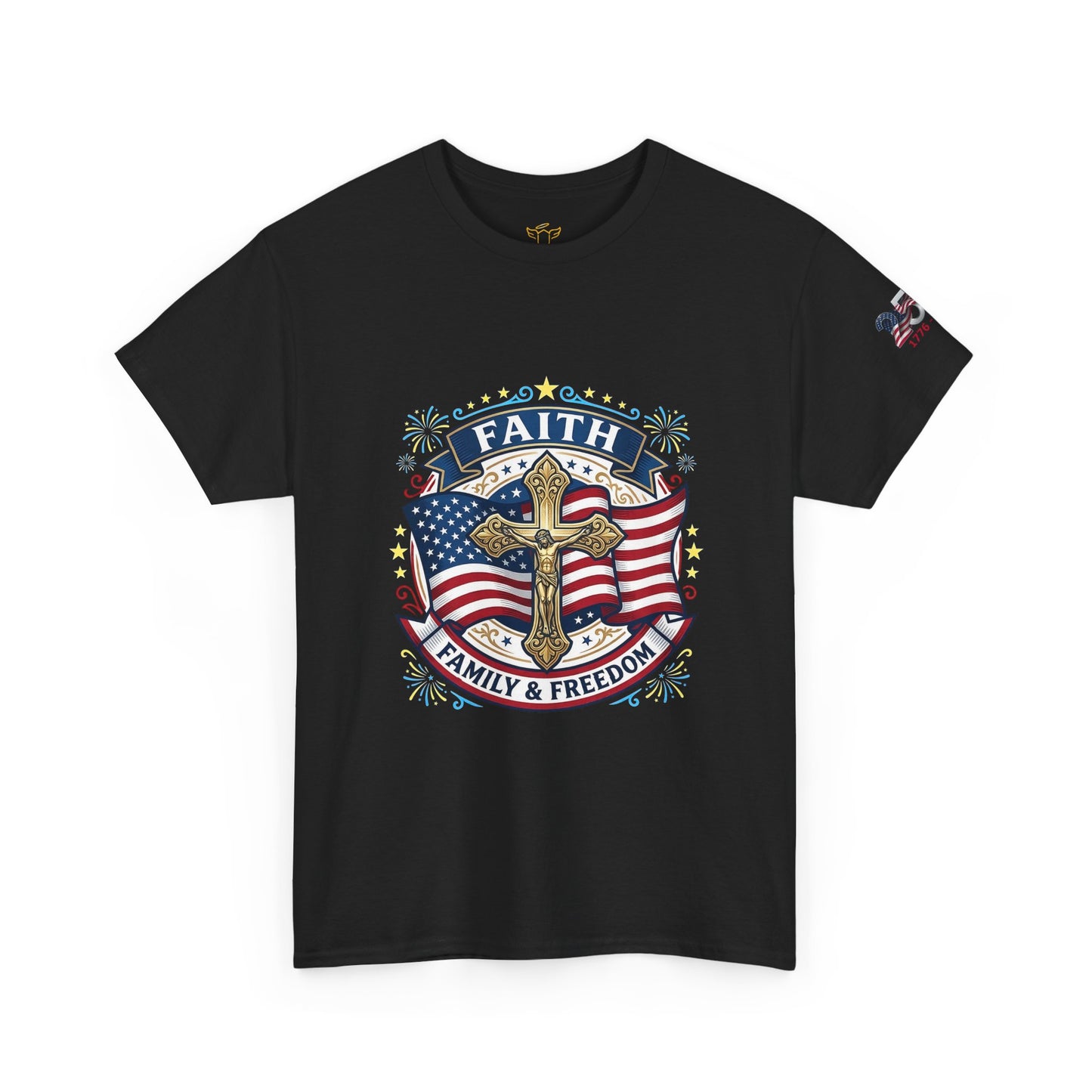 Catholic Faith Family & Freedom T-Shirt — American Flag Cross Patriotic T-shirt (USA 250th)