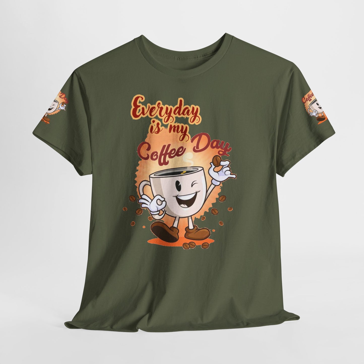 Coffee Lovers Cotton Tee - Every Day is My Coffee day , Green t-shirt with a coffee-themed graphic and text on a white background