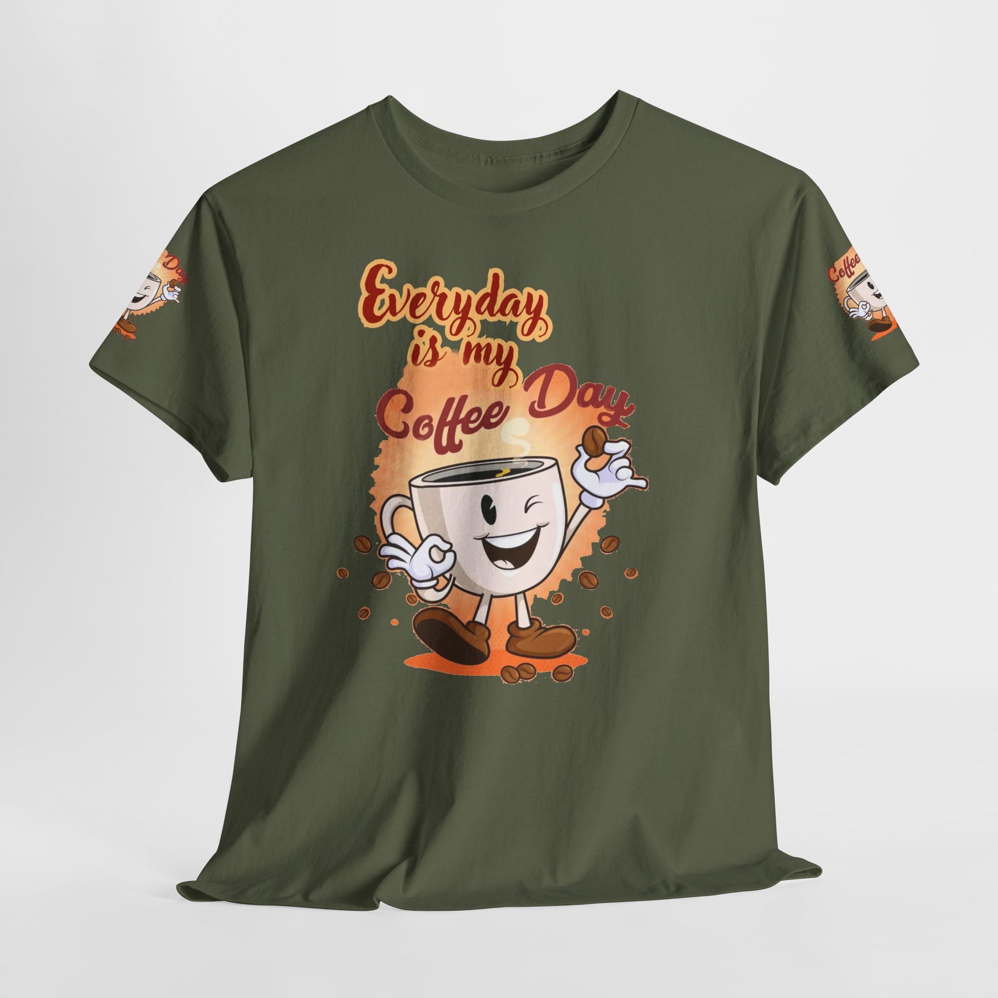Coffee Lovers Cotton Tee - Every Day is My Coffee day , Green t-shirt with a coffee-themed graphic and text on a white background