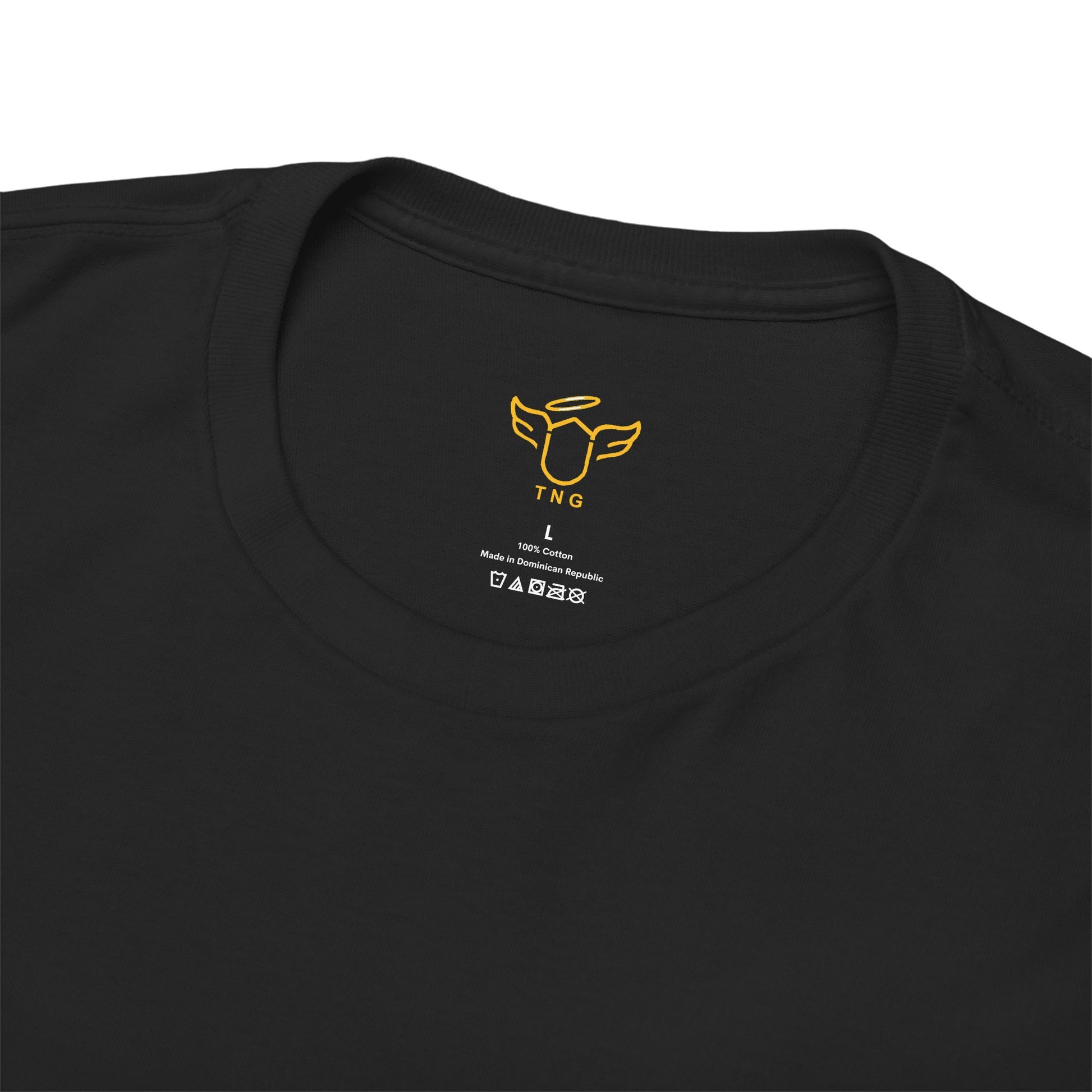 Black t-shirt with a yellow logo and text on the collar area, T.N.G. angel wings LOGO labeled t-shirt,