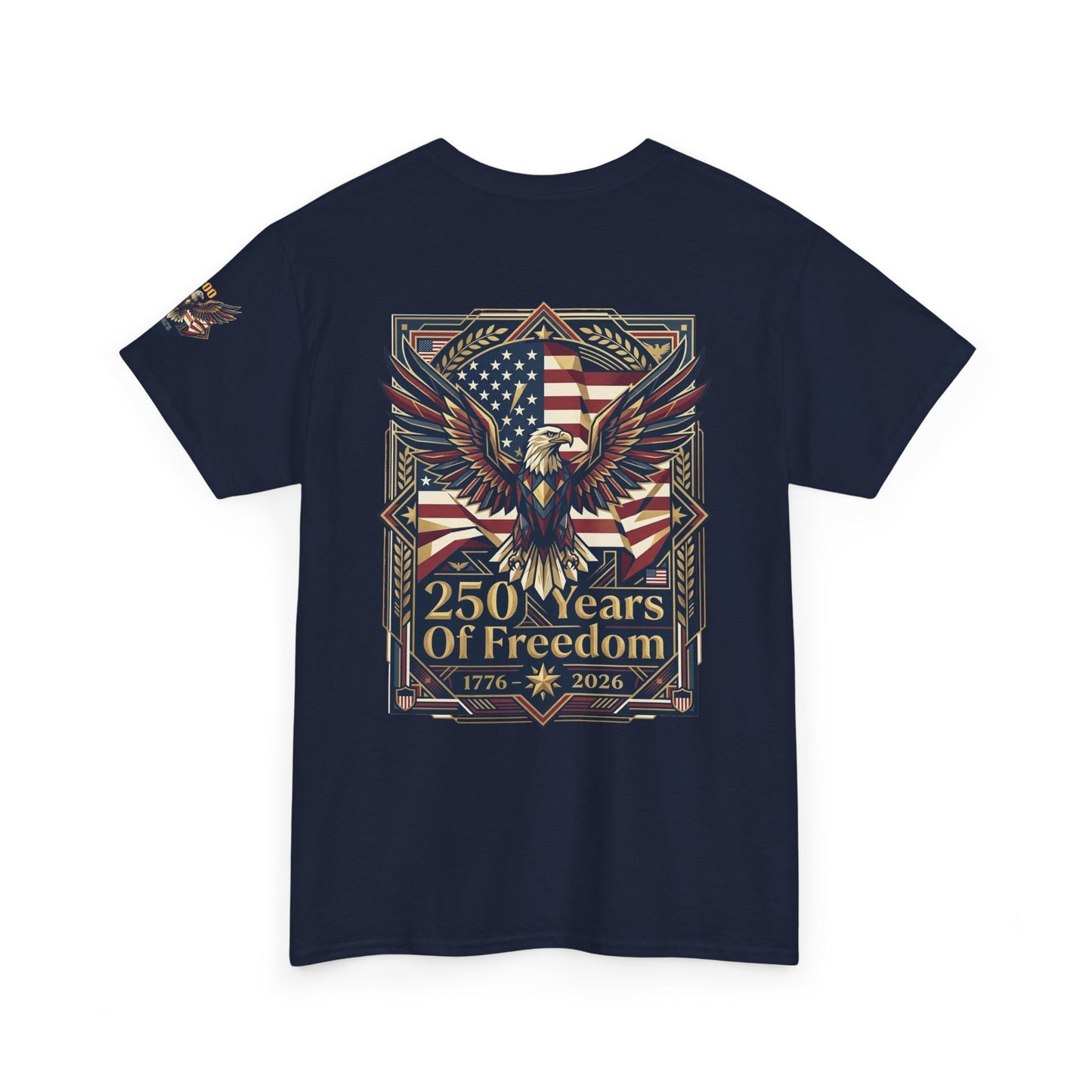 250 Years of Freedom Eagle T-Shirt, Navy blue t-shirt with eagle and American flag design on a white background