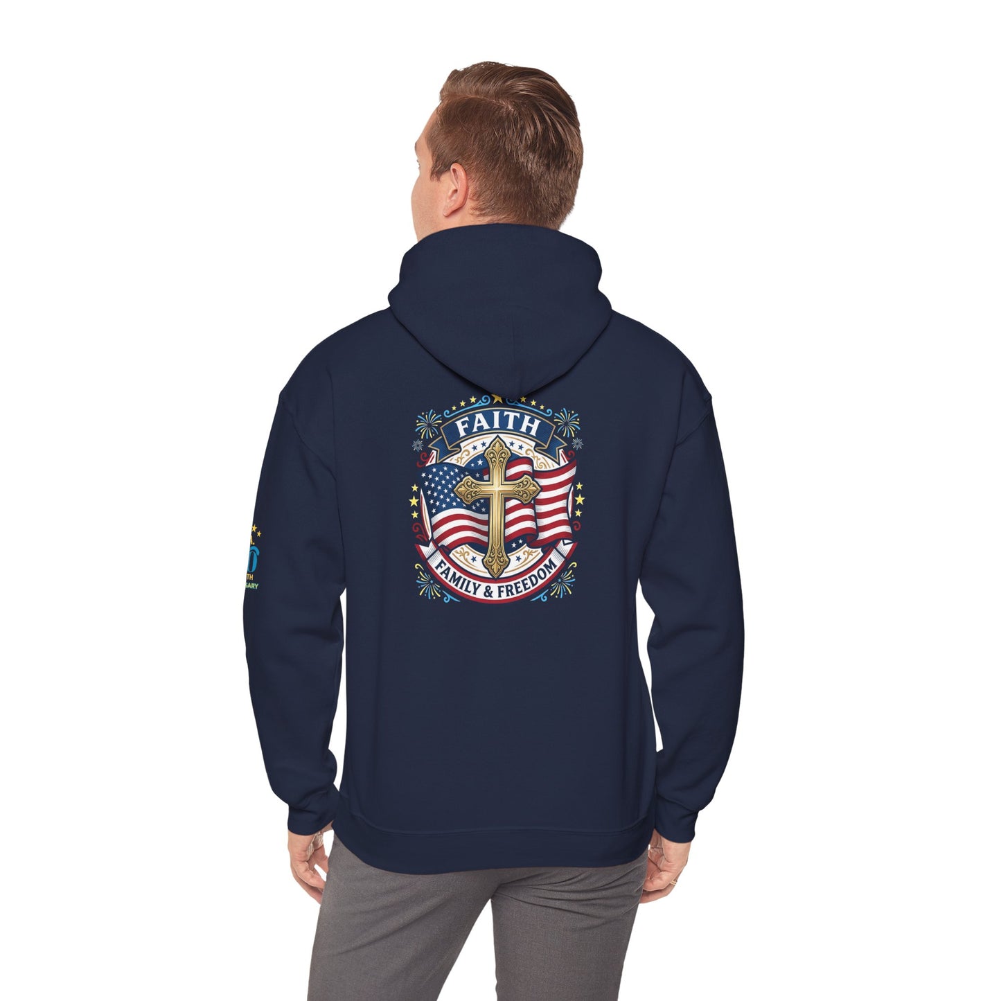Faith, Family & Freedom Hoodie — Patriotic Cross American Flag Sweatshirt (USA 250th)