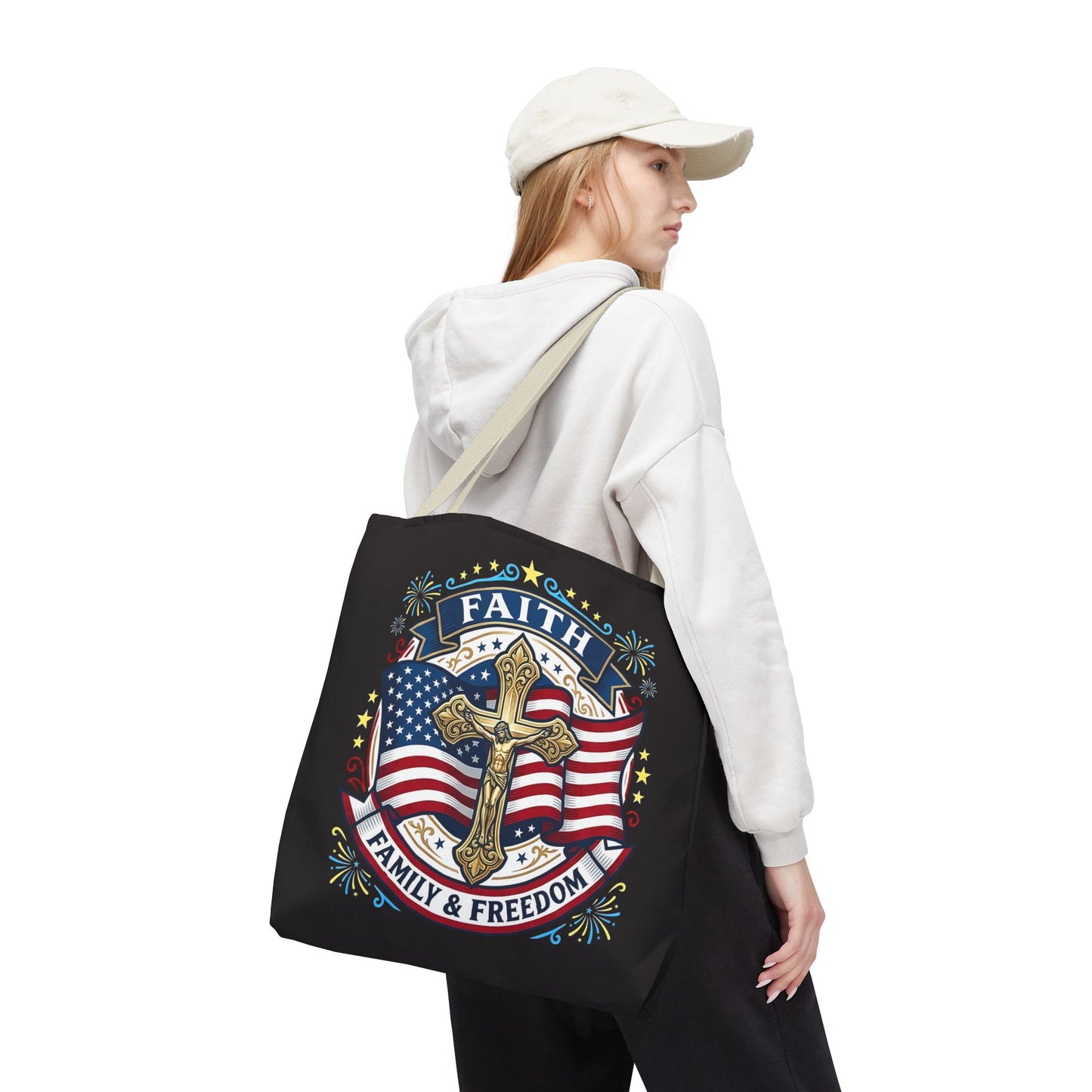 Faith, Family & Freedom Cross Bag — Patriotic American Flag Canvas Tote (USA 250th)