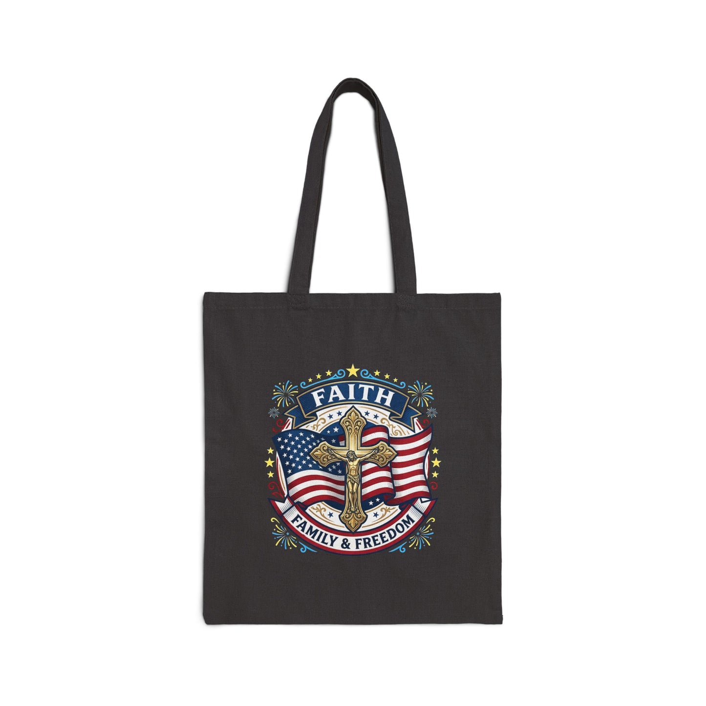 Catholic Faith, Family & Freedom Canvas Tote — Patriotic American Flag Shopping Bag (USA 250th)