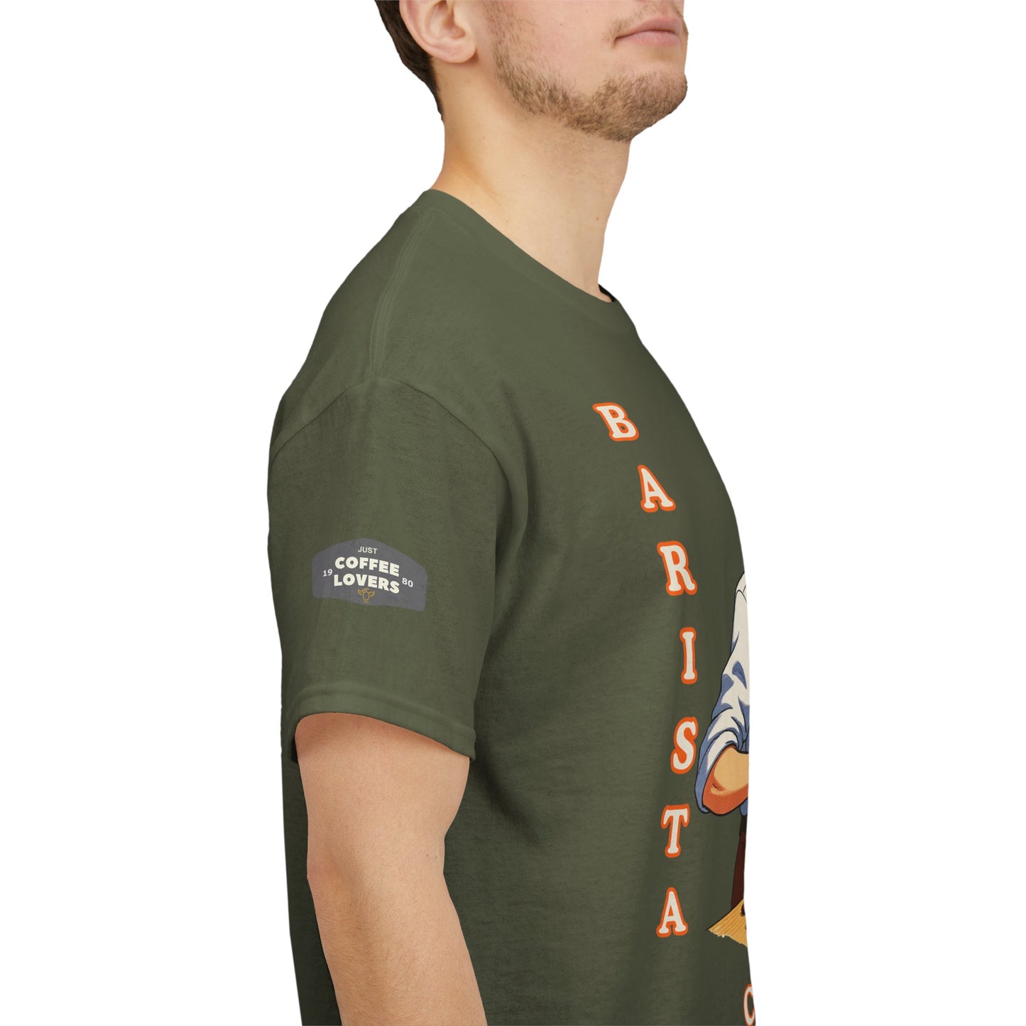 Coffee Lovers Cotton Tee for Male Barista,  Person wearing a green t-shirt with 'Barista' text and logo on a white background