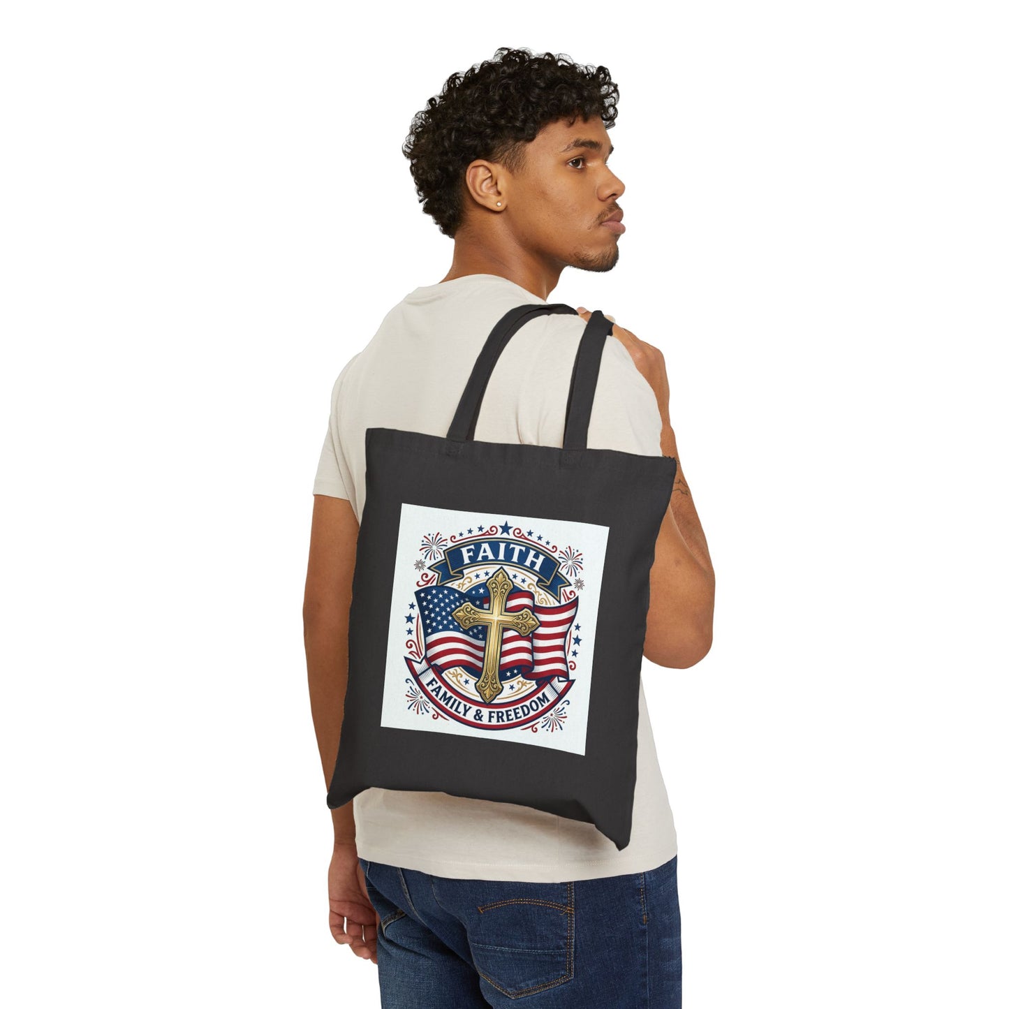 USA 250TH Faith & Freedom Cross Tote | Patriotic, Faith-Based July 4th, Vintage Americana