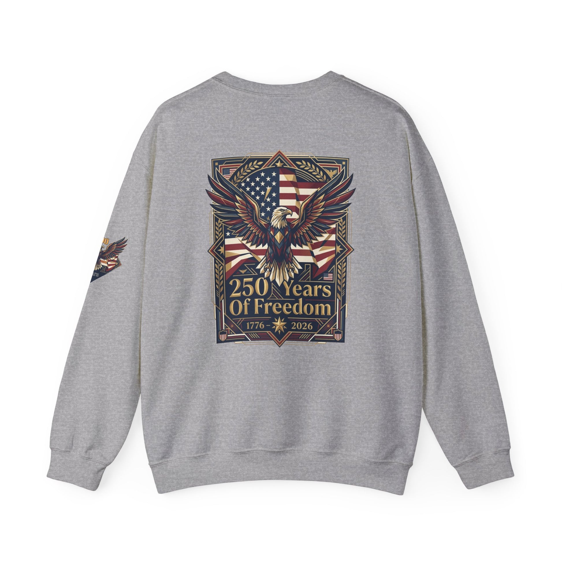 USA 250th ANNIVERSARY Crewneck Sweatshirt , Gray sweatshirt with '250 Years of Freedom' design on a white background