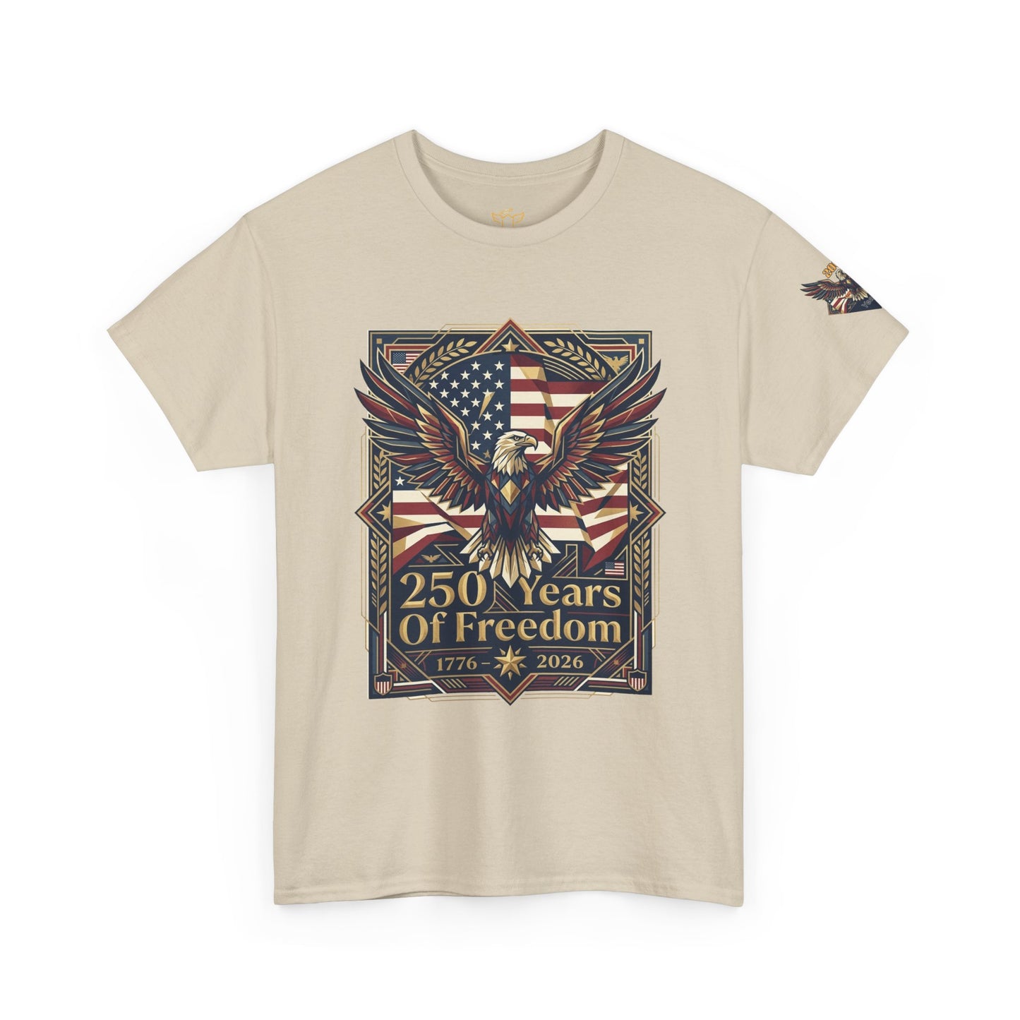 250 Years of Freedom Eagle T-Shirt, Beige t-shirt with eagle and American flag design on a white background