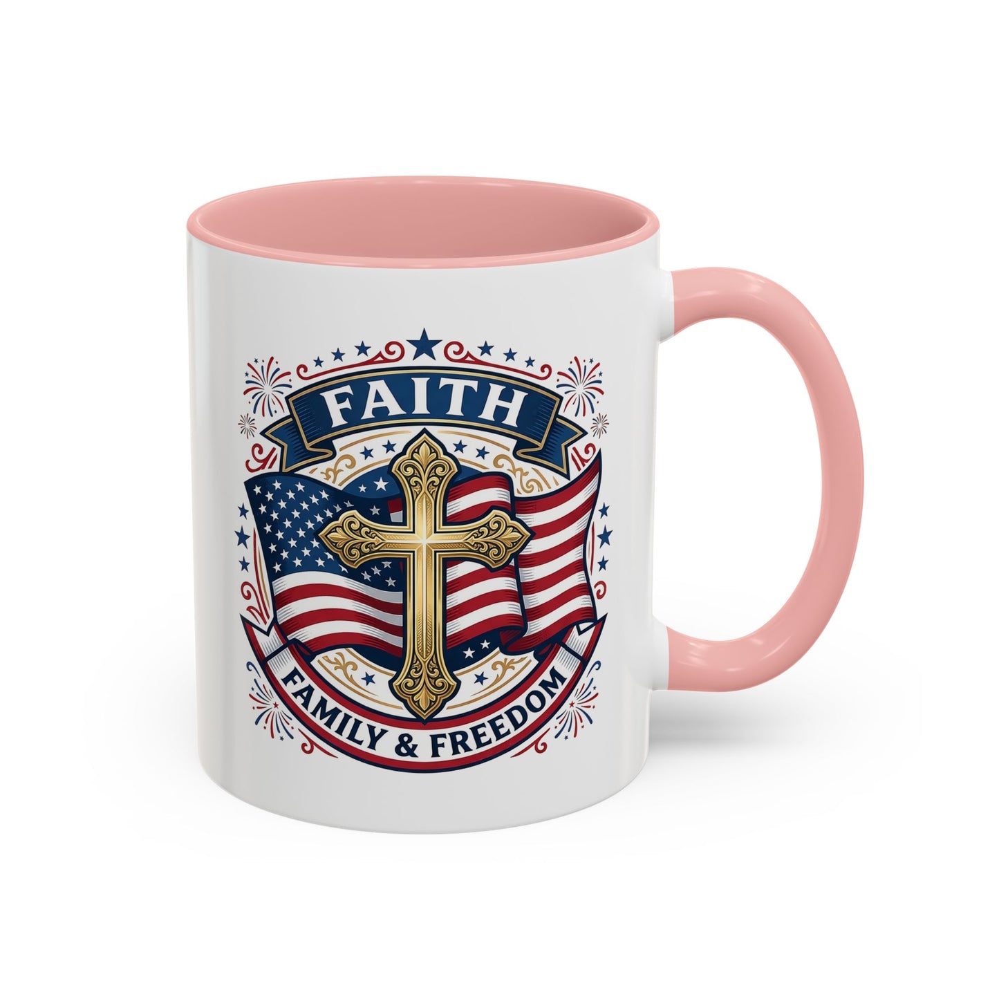 Faith, Family & Freedom Accent Coffee Mug — Patriotic Cross Mug  (USA 250th)