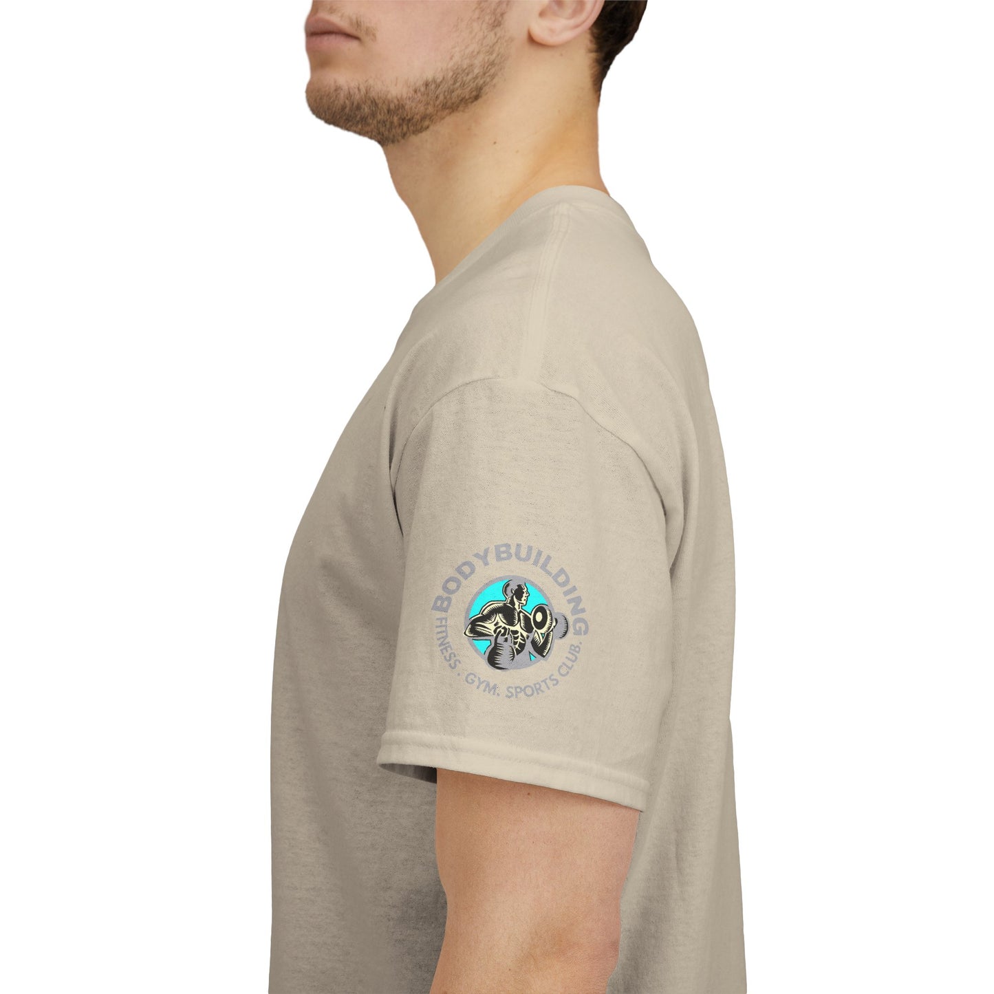 Gym Fitness Tee - BEING STRONG IS A MINDSET. Person wearing a beige t-shirt with a logo on the sleeve against a white background