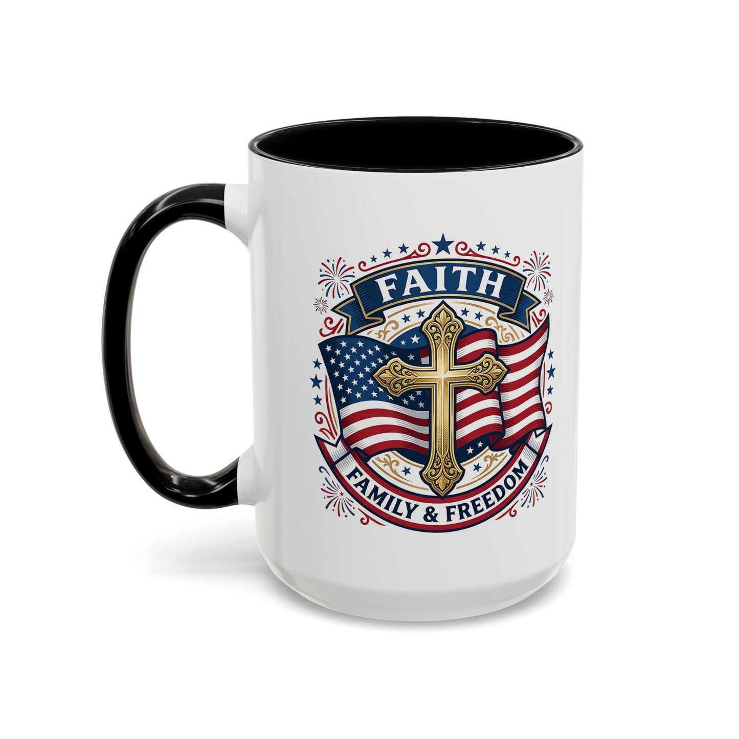 Faith, Family & Freedom Accent Coffee Mug — Patriotic Cross Mug  (USA 250th)
