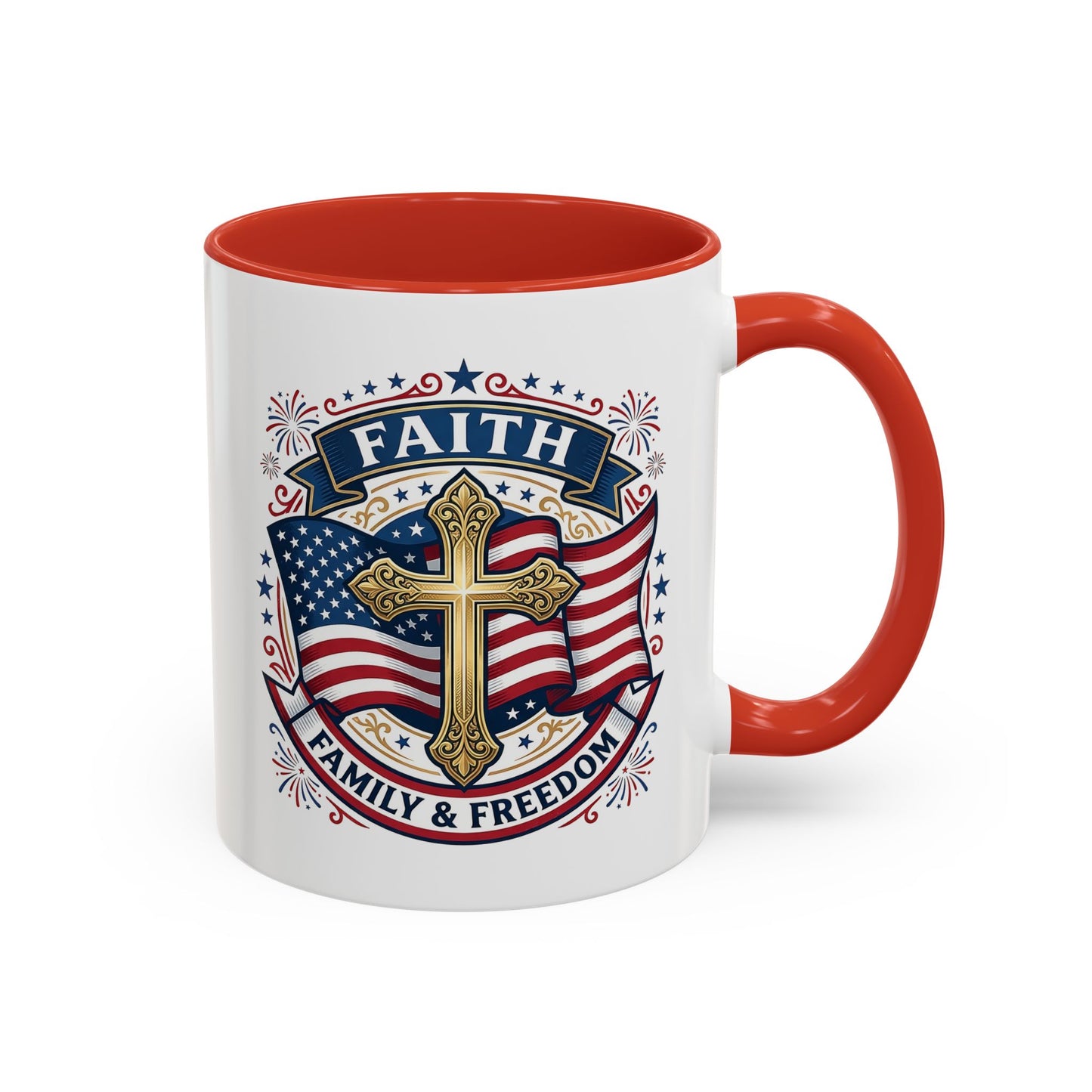 Faith, Family & Freedom Accent Coffee Mug — Patriotic Cross Mug  (USA 250th)