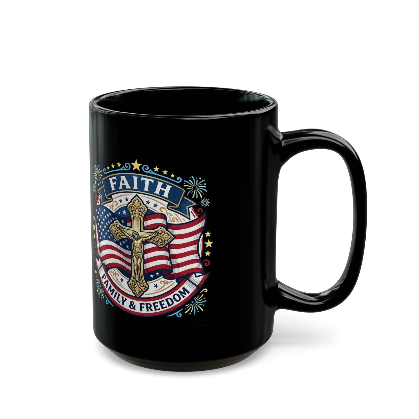 Faith, Family & Freedom Black Mug — American Flag Cross Ceramic Coffee Cup (USA 250th)
