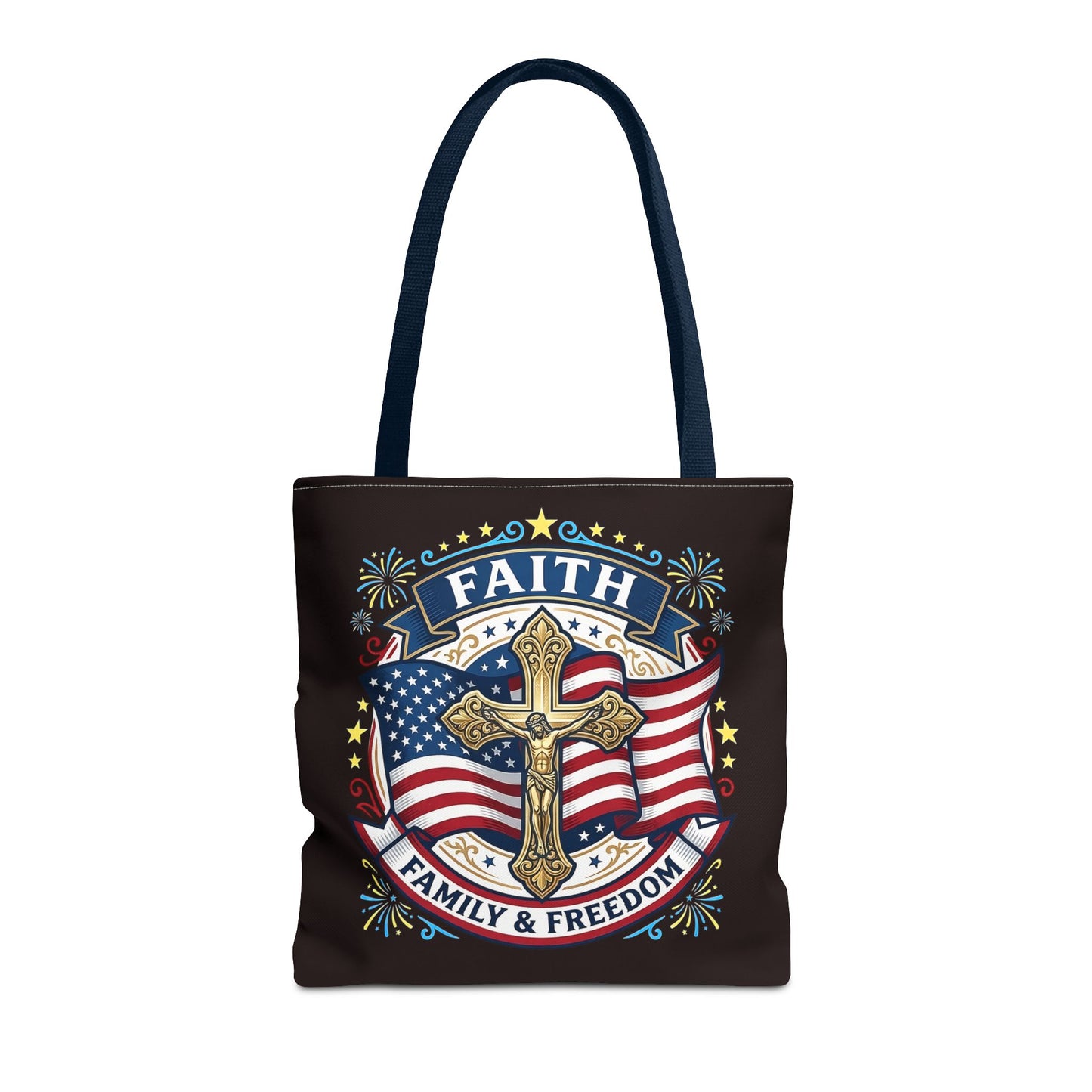 Faith, Family & Freedom Cross Bag — Patriotic American Flag Canvas Tote (USA 250th)