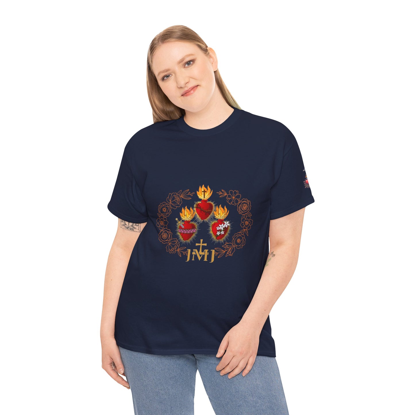 Sacred Hearts Tee — Three Flaming Hearts with JMJ Cross (CT)