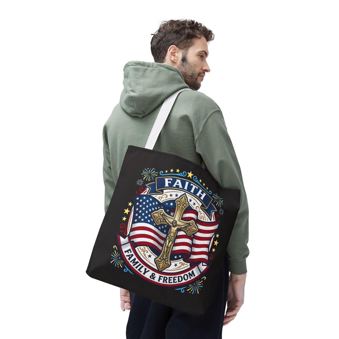 Faith, Family & Freedom Cross Bag — Patriotic American Flag Canvas Tote (USA 250th)