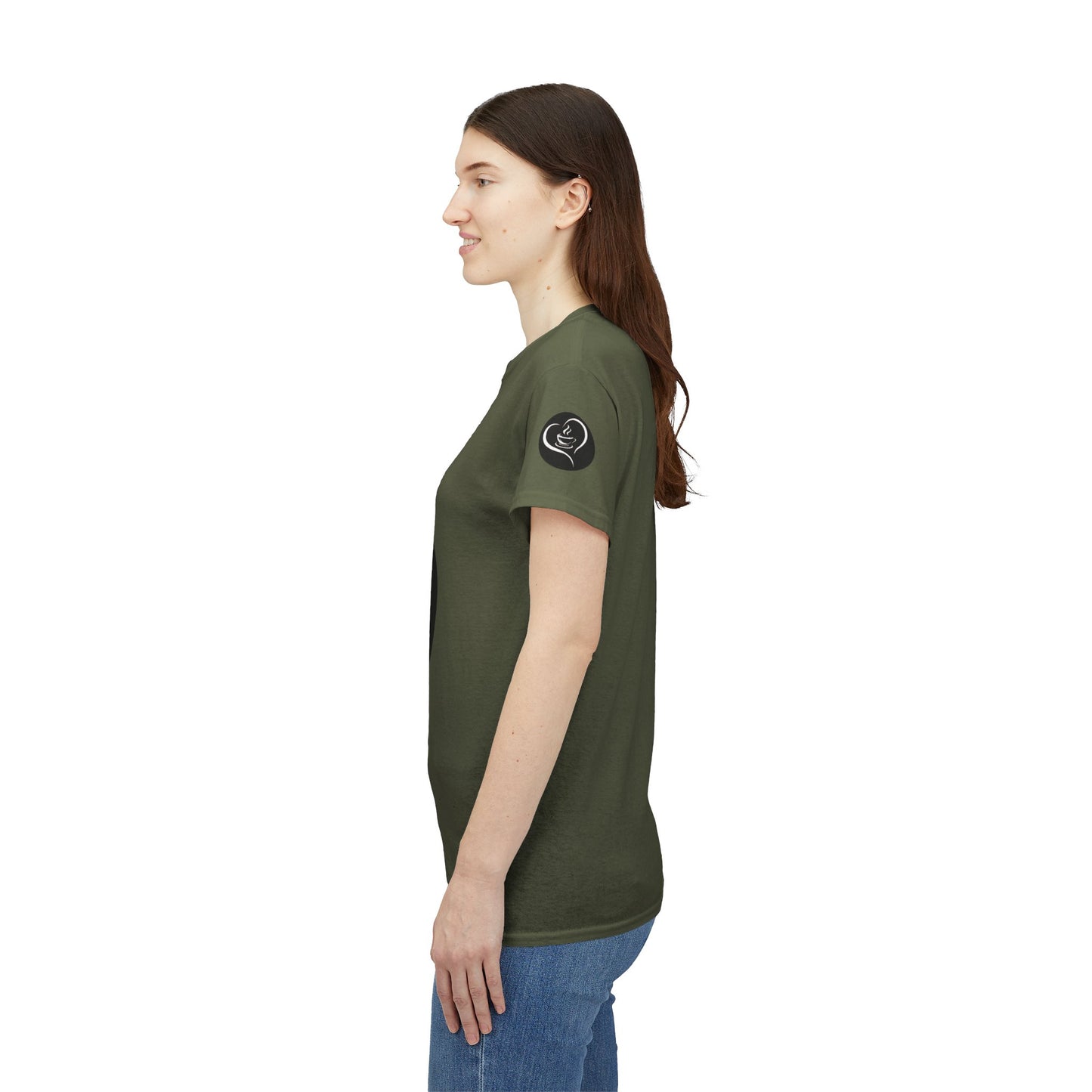 Coffee Lovers Ladies Tee - COFFEE and FRIENDS the Perfect Blend, Woman wearing a green t-shirt with a logo on the sleeve against a white background