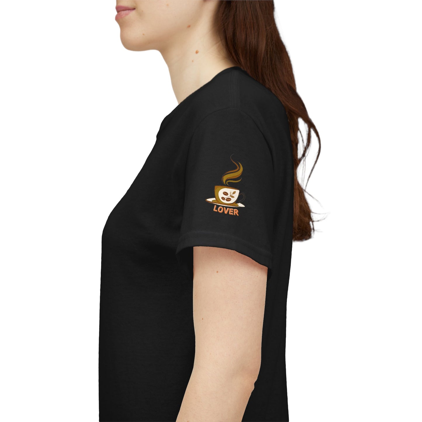 Coffee Lovers Heavy Cotton Tee - My Daily Dose of Oomph! Black t-shirt with a coffee-themed design on the sleeve, worn by a person.