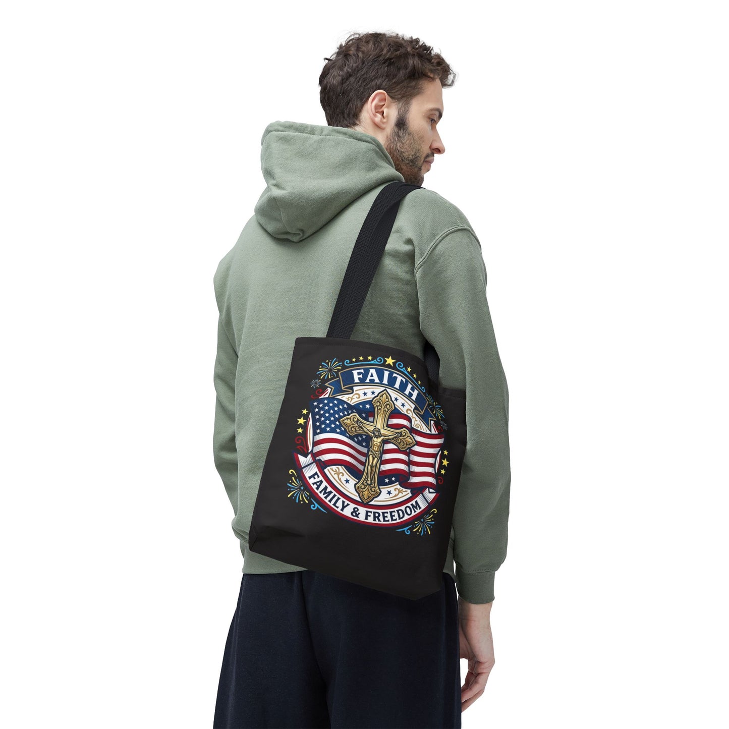 Faith, Family & Freedom Cross Bag — Patriotic American Flag Canvas Tote (USA 250th)