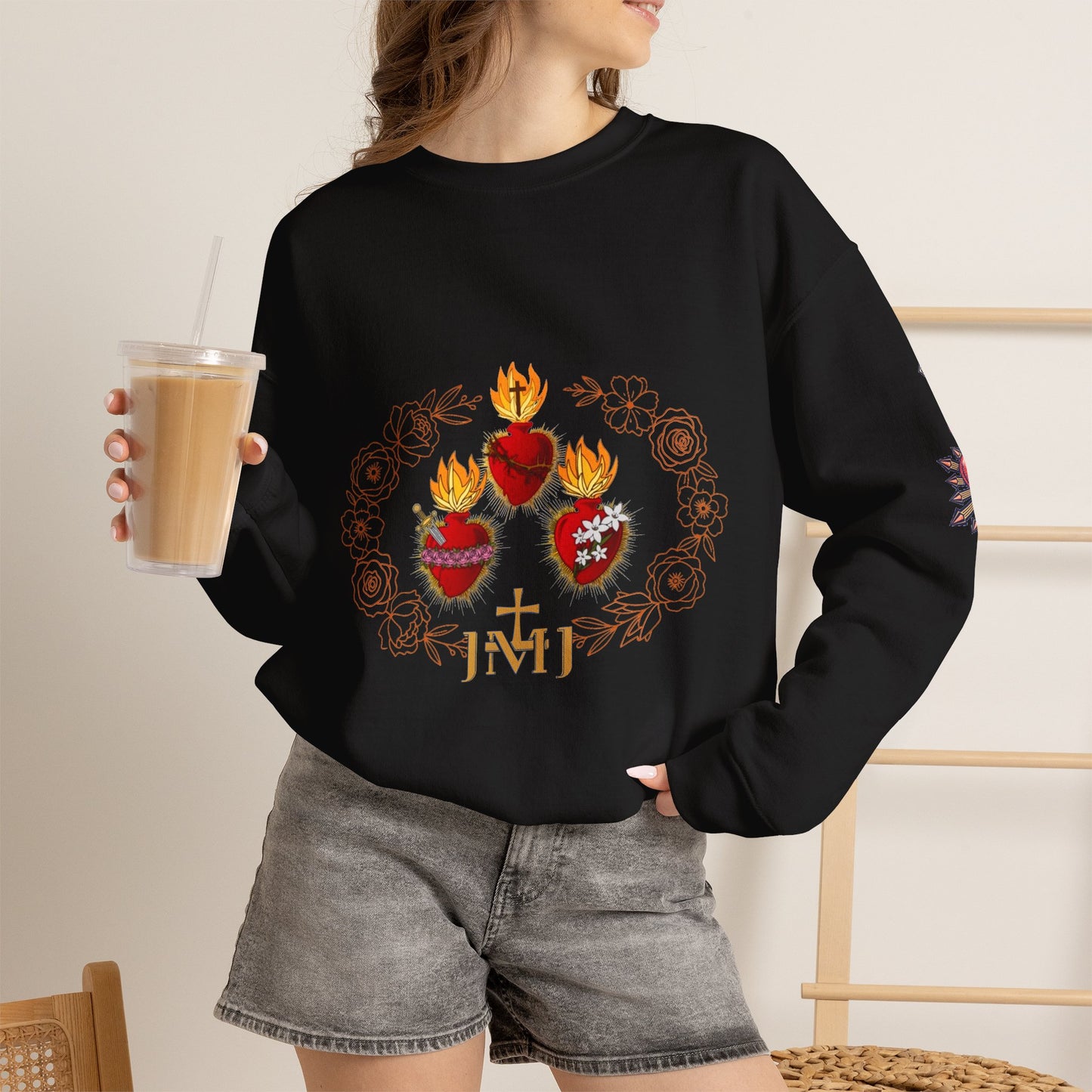 Sacred Hearts Crewneck Sweatshirt — Three Flaming Hearts with JMJ Cross (CT)