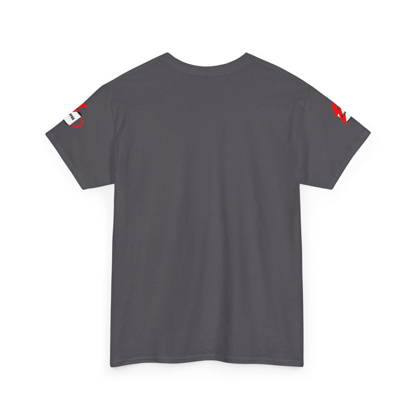 Coffee Lovers Cotton T-shirt - Powered by Coffee. Gray t-shirt with red and white accents on a white background