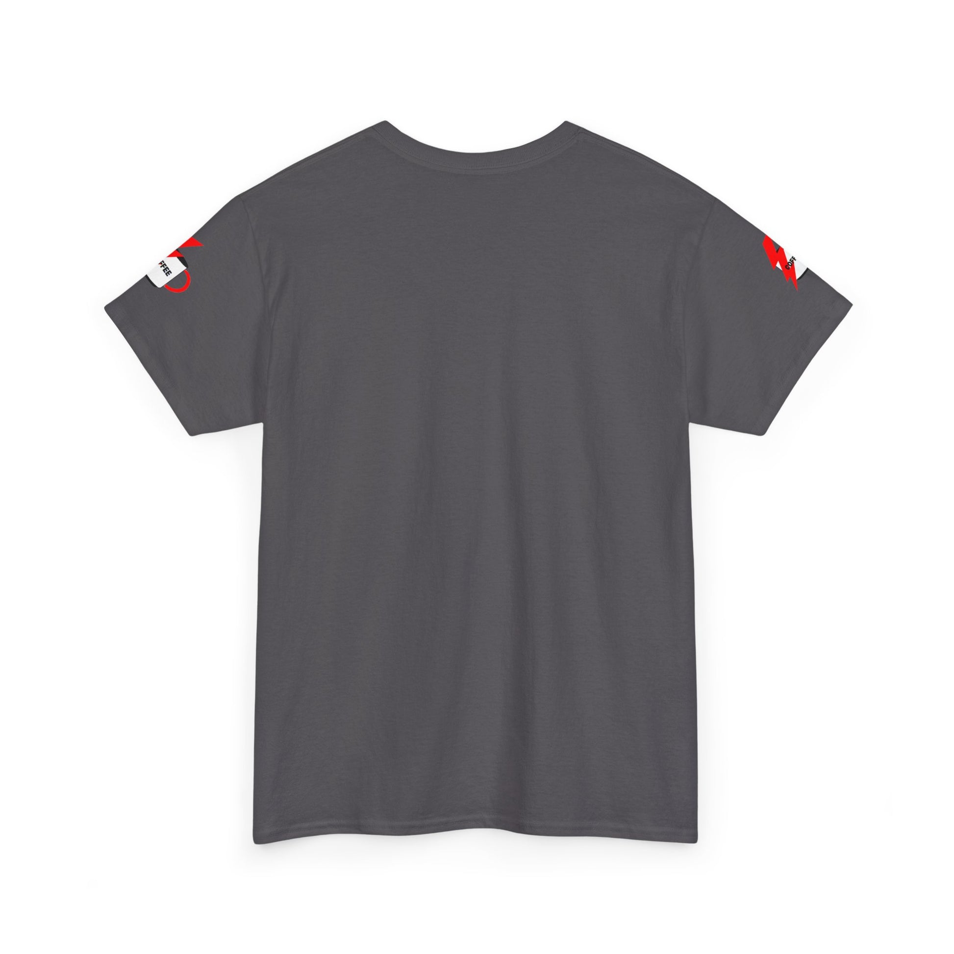 Coffee Lovers Cotton T-shirt - Powered by Coffee. Gray t-shirt with red and white accents on a white background