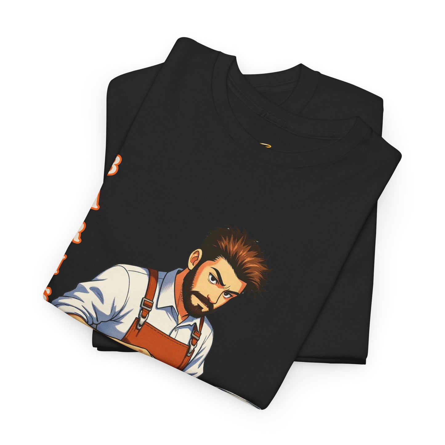 Coffee Lovers Cotton Tee for Male Barista,  Black t-shirt with a graphic of a character on a white background